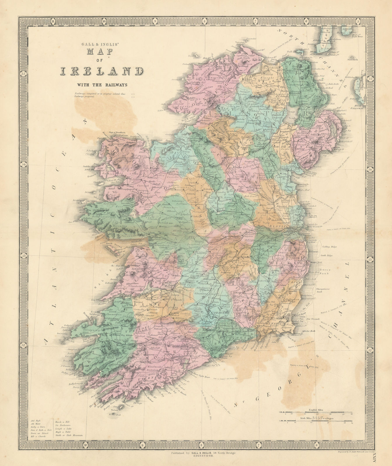 Associate Product Gall & Inglis' Map of Ireland with the Railways. Counties 1850 old antique