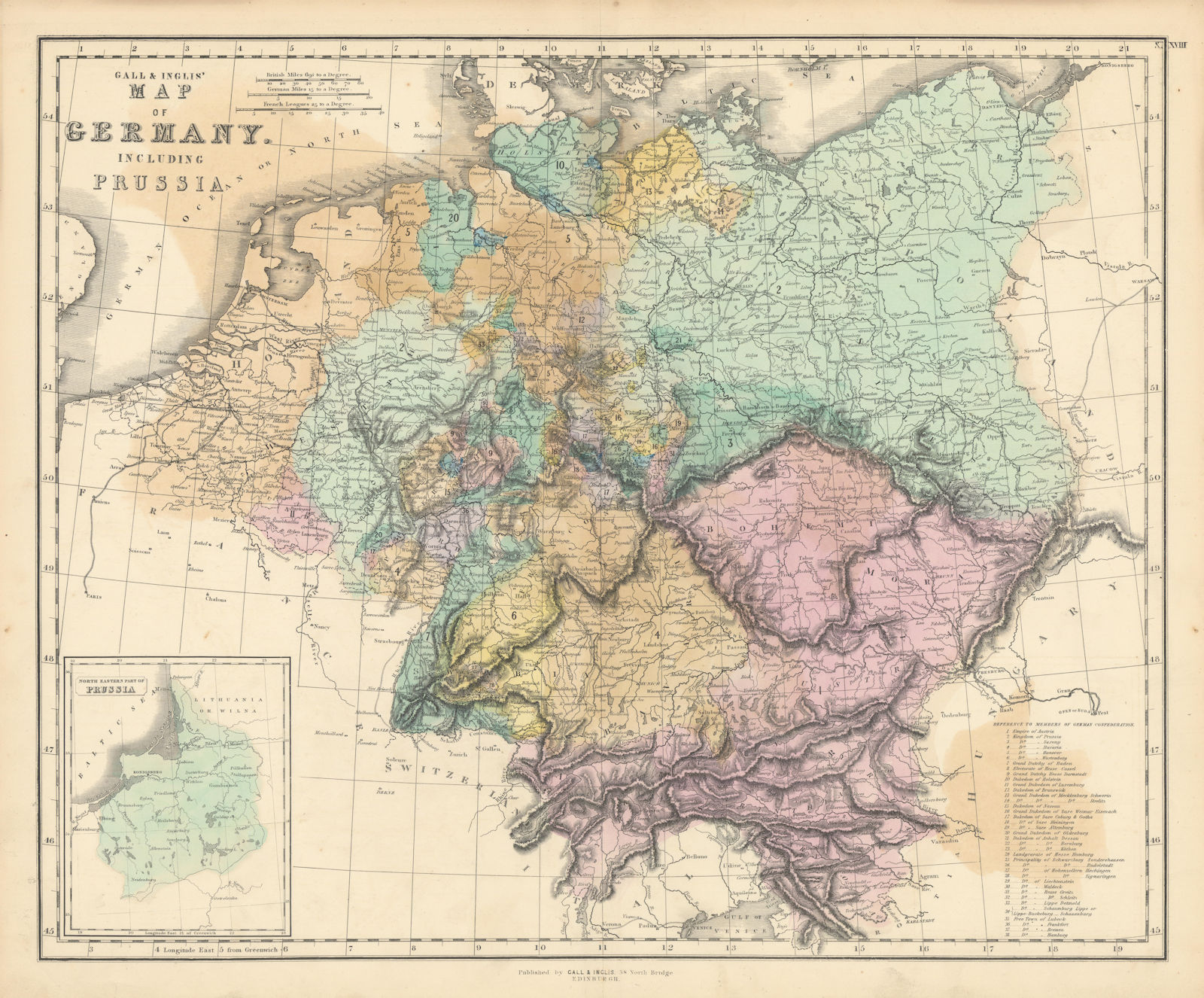 Associate Product Gall & Inglis' Map of Germany including Prussia. Austria Czechia 1850 old