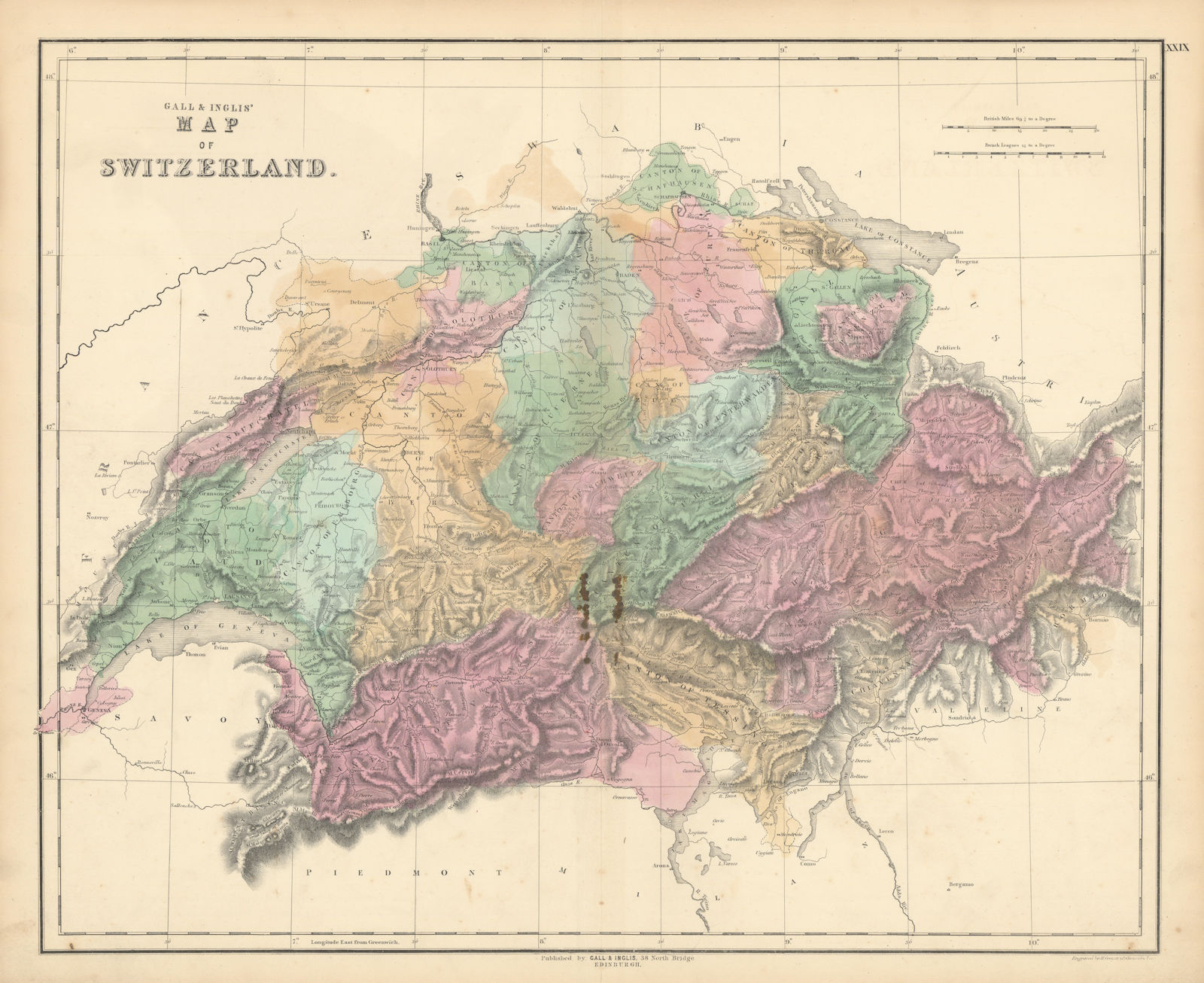 Gall & Inglis' Map of Switzerland. Cantons 1850 old antique plan chart