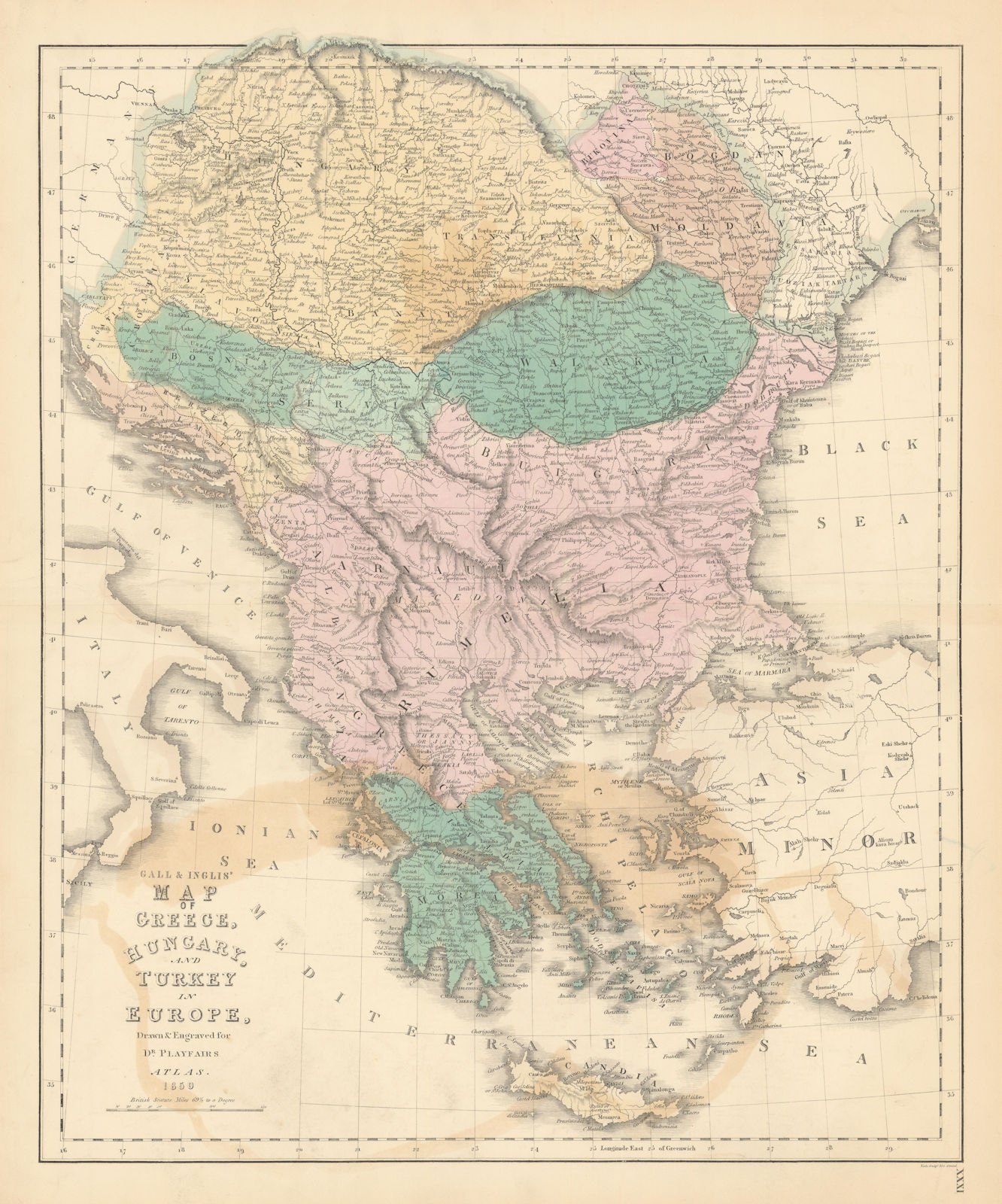 Gall & Inglis' Map of Greece, Hungary & Turkey in Europe. Balkans Romania 1850