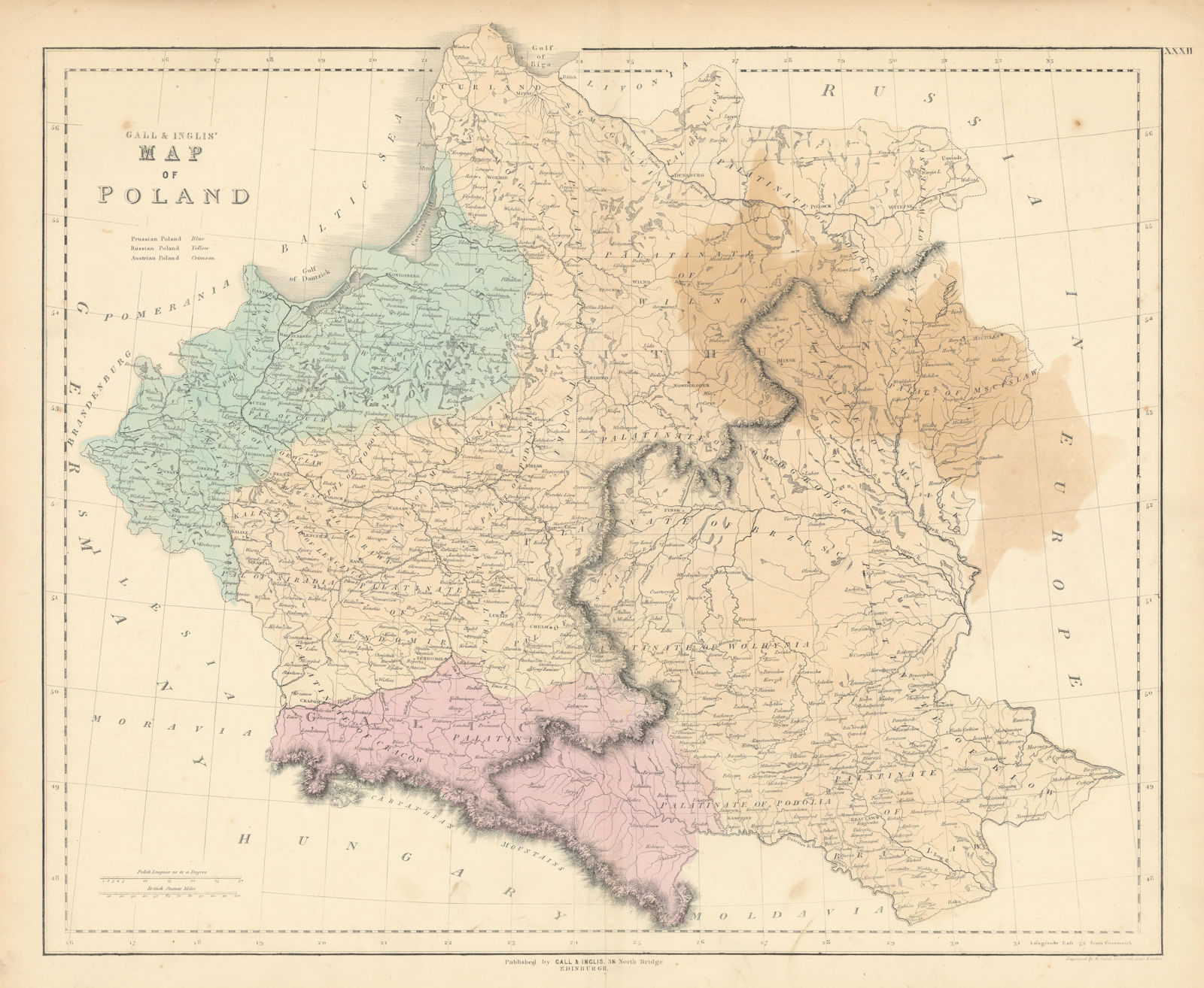 Gall & Inglis' Map of Poland, showing Russian, Prussian & Austria divisions 1850