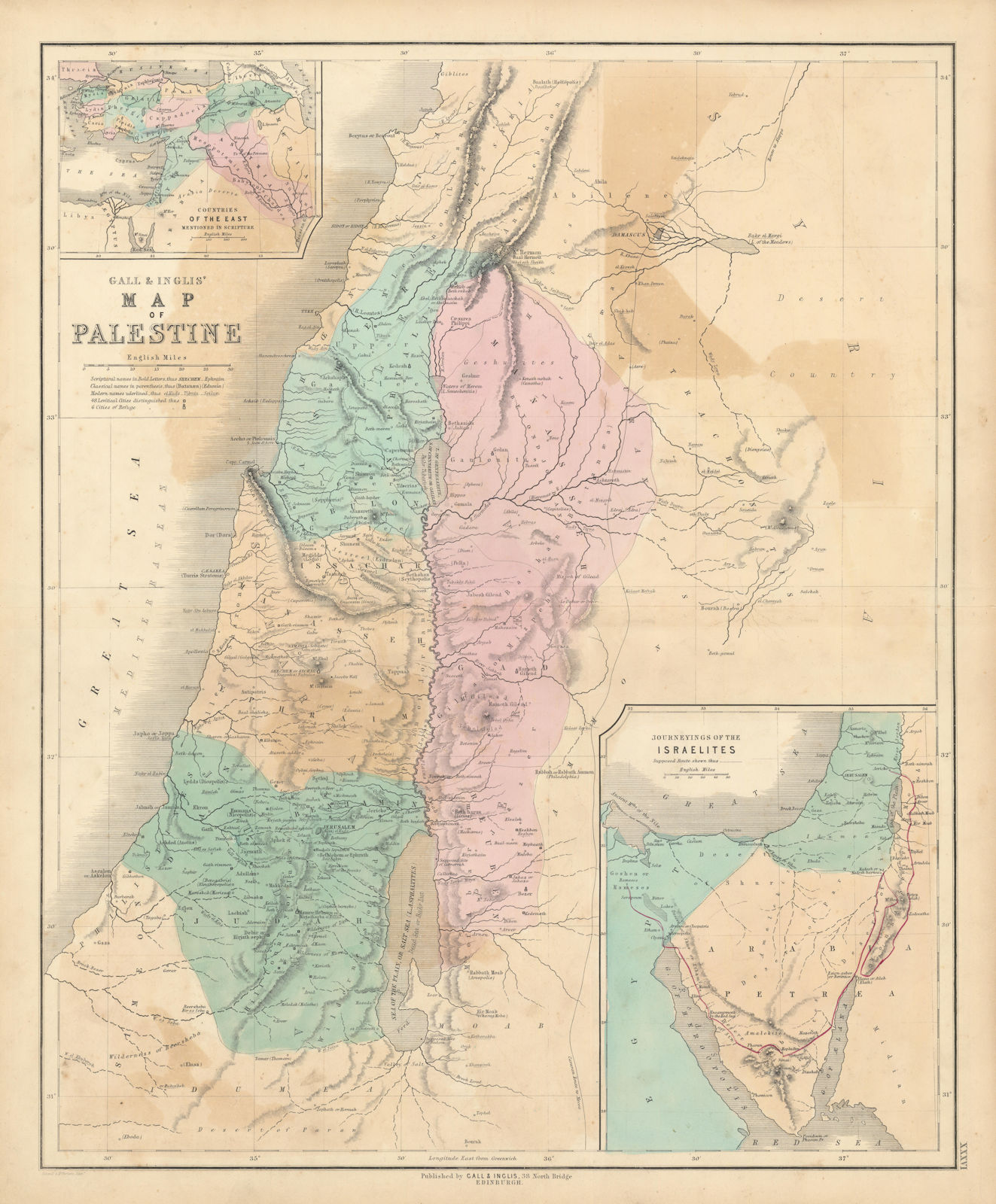 Associate Product Gall & Inglis' Map of Palestine. Israelites journey. Lebanon Jordan Levant 1850