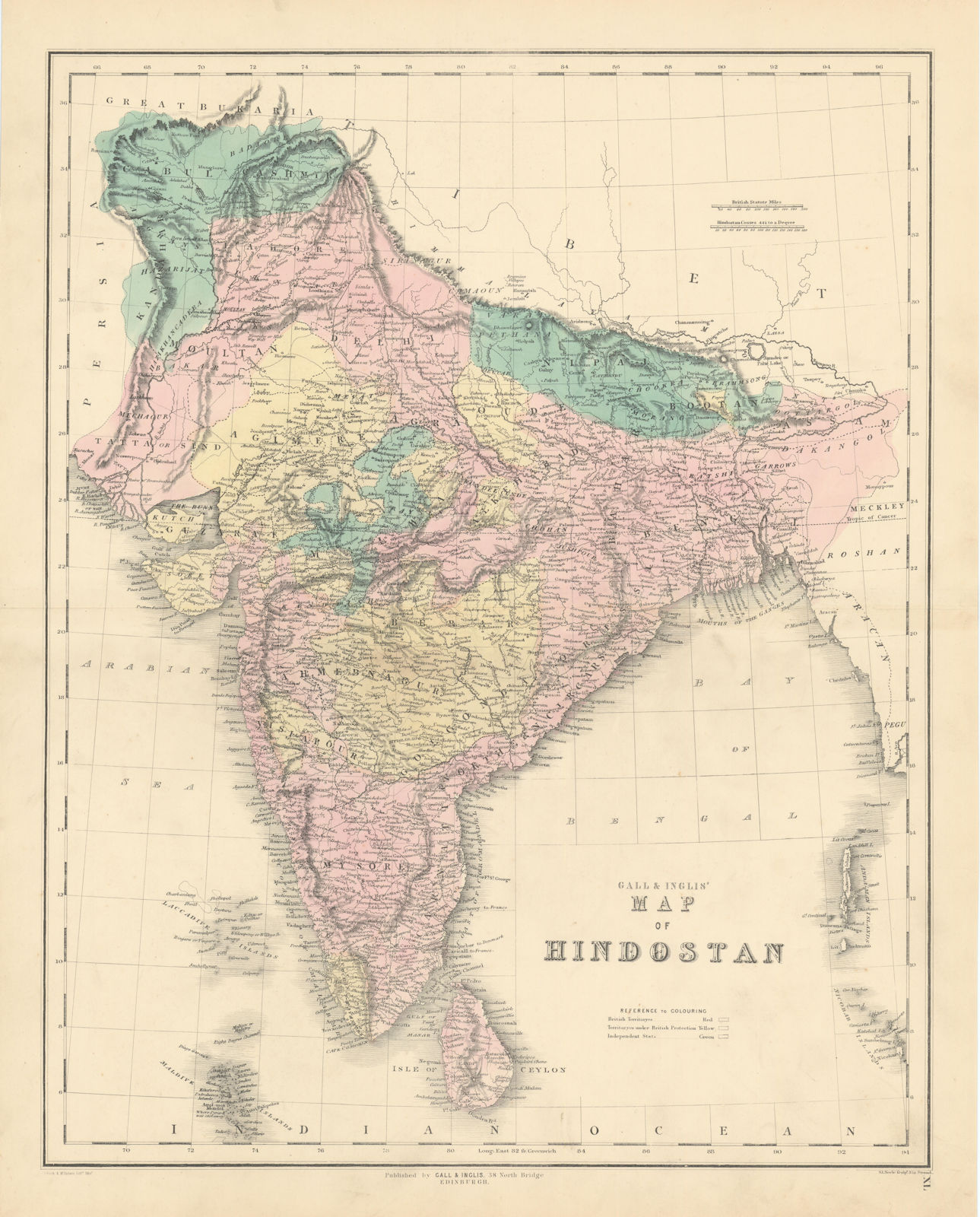 Associate Product Gall & Inglis' Map of Hindostan. British India & Independent States 1850