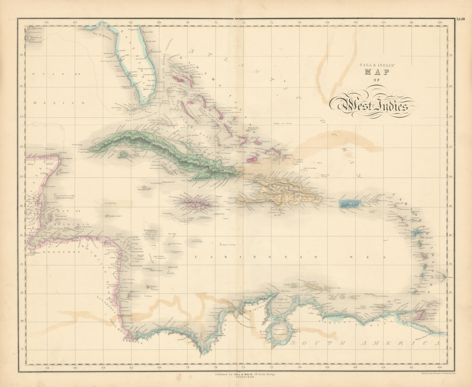 Associate Product Gall & Inglis' Map of West Indies. Caribbean Islands & Florida 1850 old