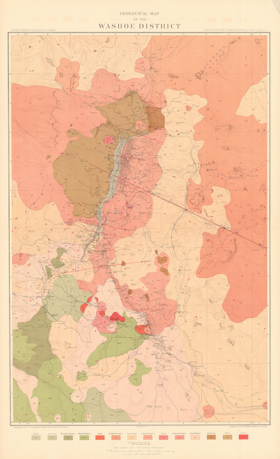 Associate Product Geological Map of the Washoe District. Comstock Silver Lode. BECKER 1882