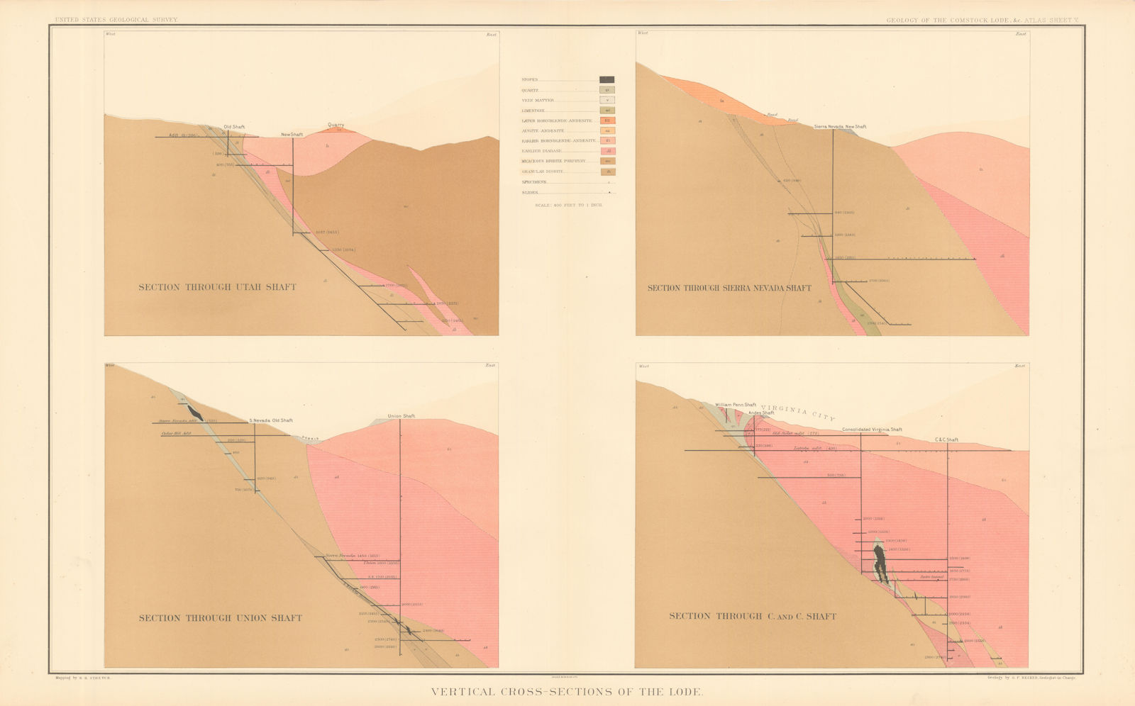 Associate Product Comstock Silver Lode Vertical Section Utah Sierra Nevada Union Shafts 1882 map