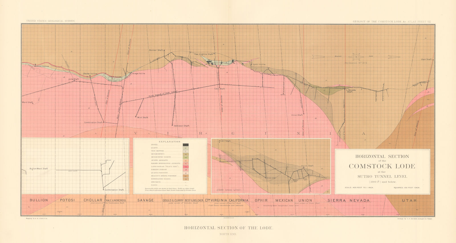 Associate Product Comstock Silver Lode Horizontal section at the Sutro Tunnel, North end 1882 map