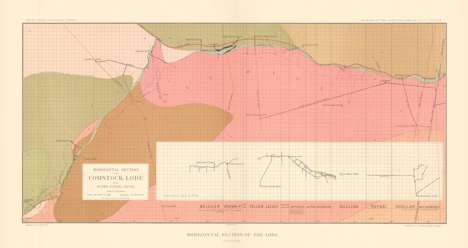 Associate Product Comstock Silver Lode Horizontal section at the Sutro Tunnel, South end 1882 map