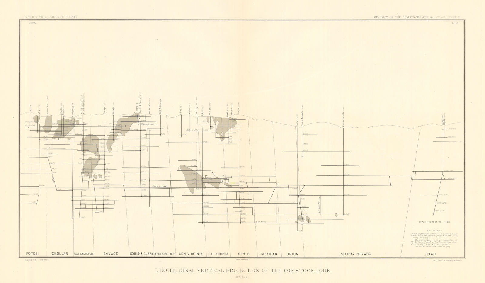 Associate Product Comstock Silver Lode Vertical Section ore-bodies from Utah to Potosi 1882 map