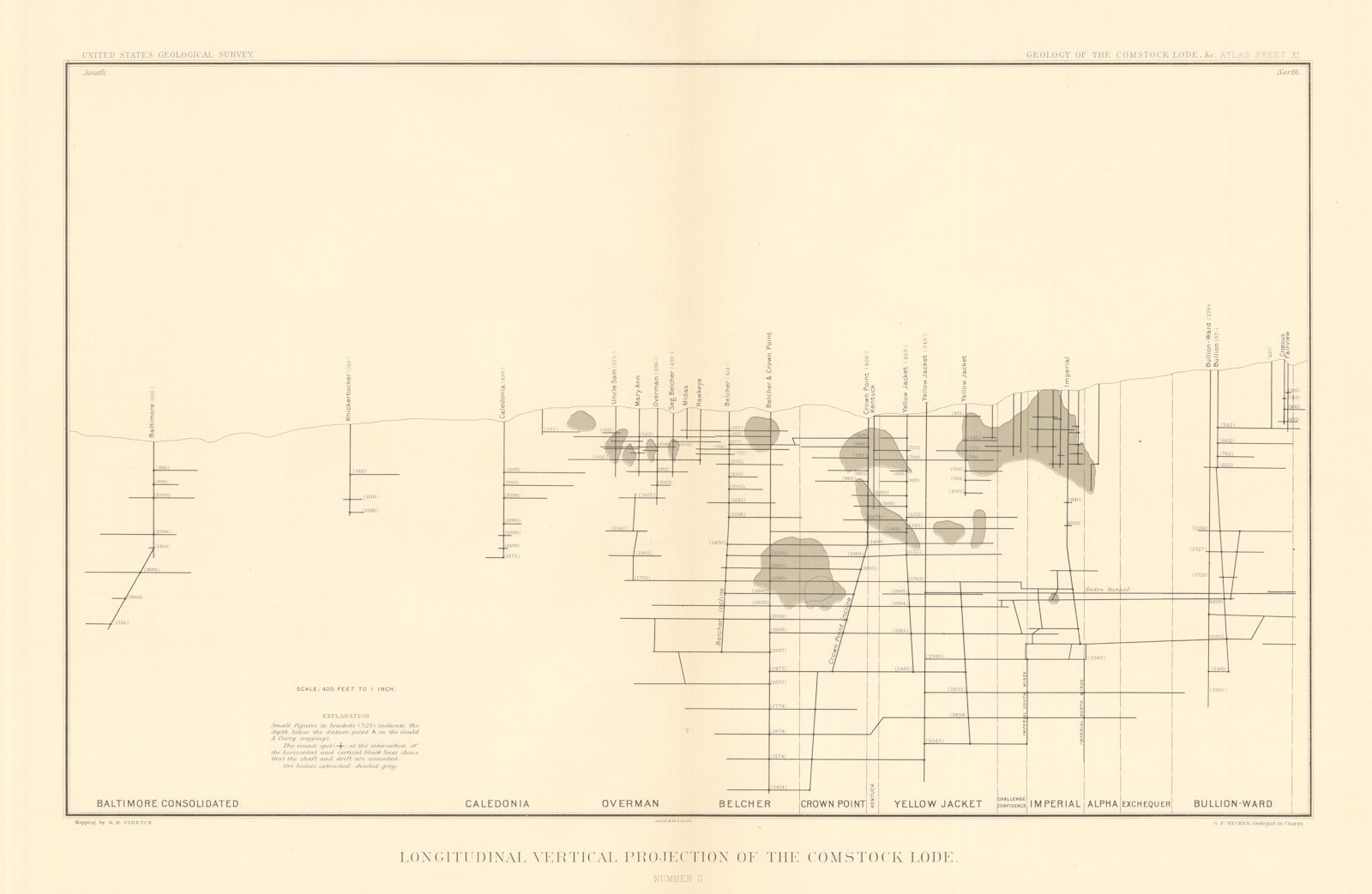 Associate Product Comstock Silver Lode Vertical Section ore-bodies Bullion Ward-Baltimore 1882 map