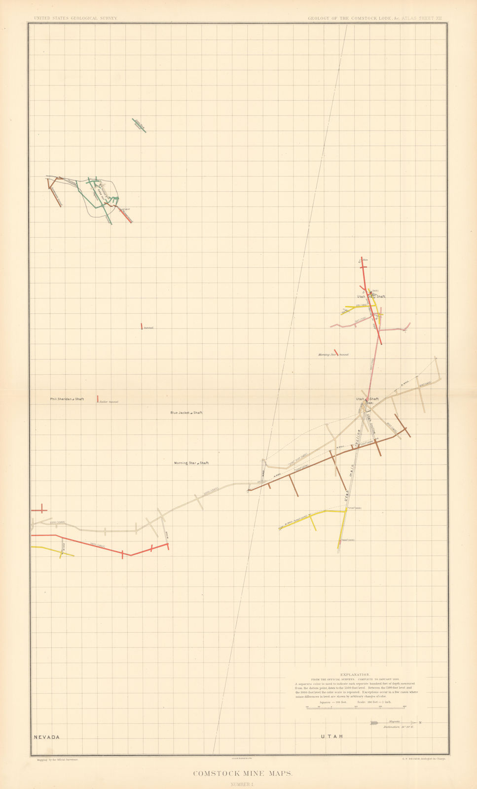 Associate Product Comstock Silver Lode Mine Map 1 Utah, Sierra Nevada. BECKER 1882 old