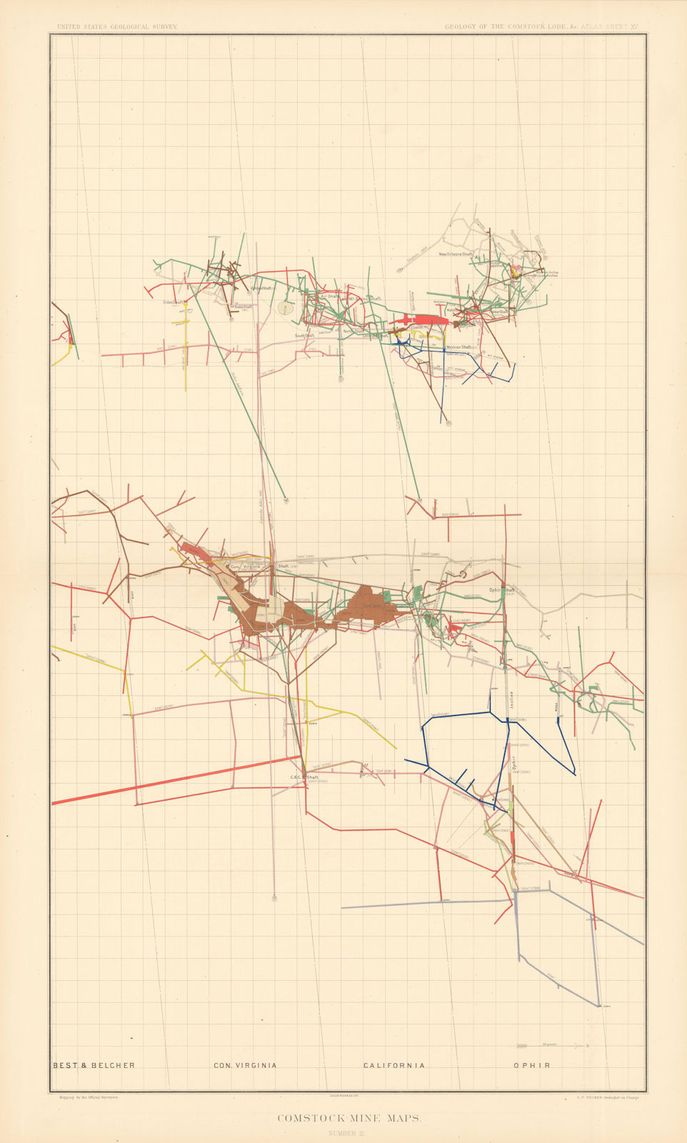 Associate Product Comstock Silver Lode Mine Map 3 Ophir California Con. Virginia Best/Belcher 1882