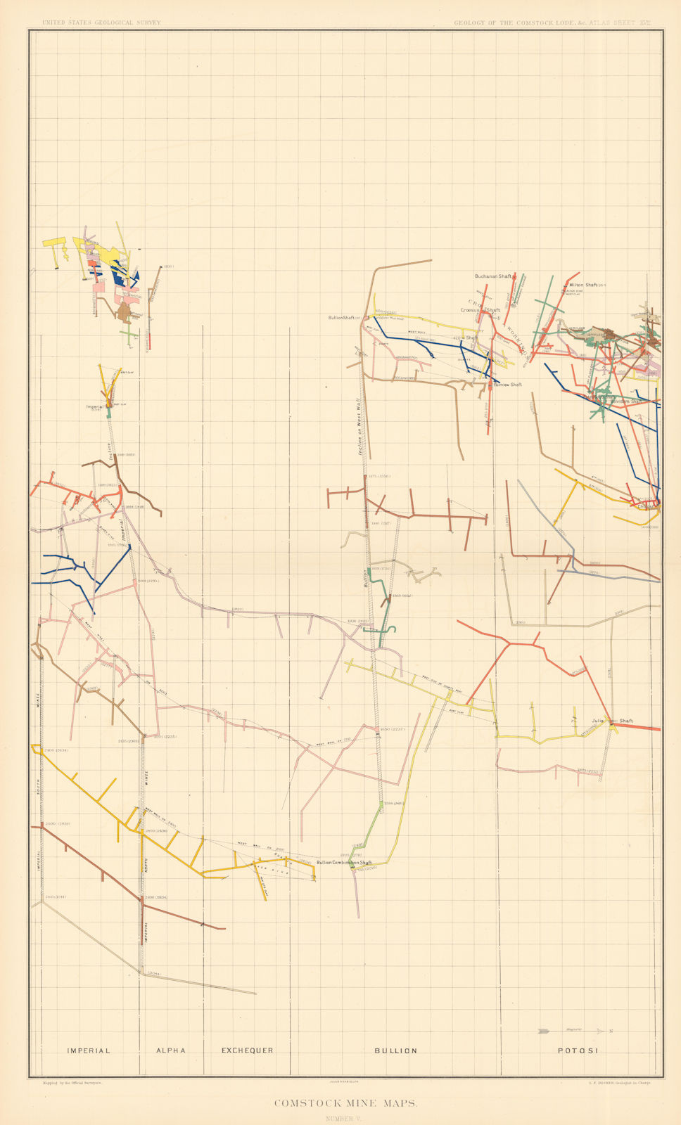 Associate Product Comstock Silver Lode Mine Map 5 Potosi, Bullion, Exchequer, Alpha, Imperial 1882