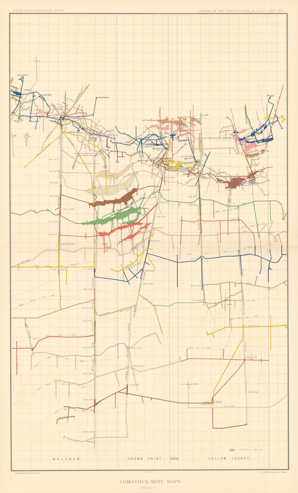 Associate Product Comstock Silver Lode Mine Map 6 Yellow Jacket Kentuck Crown Point Belcher 1882