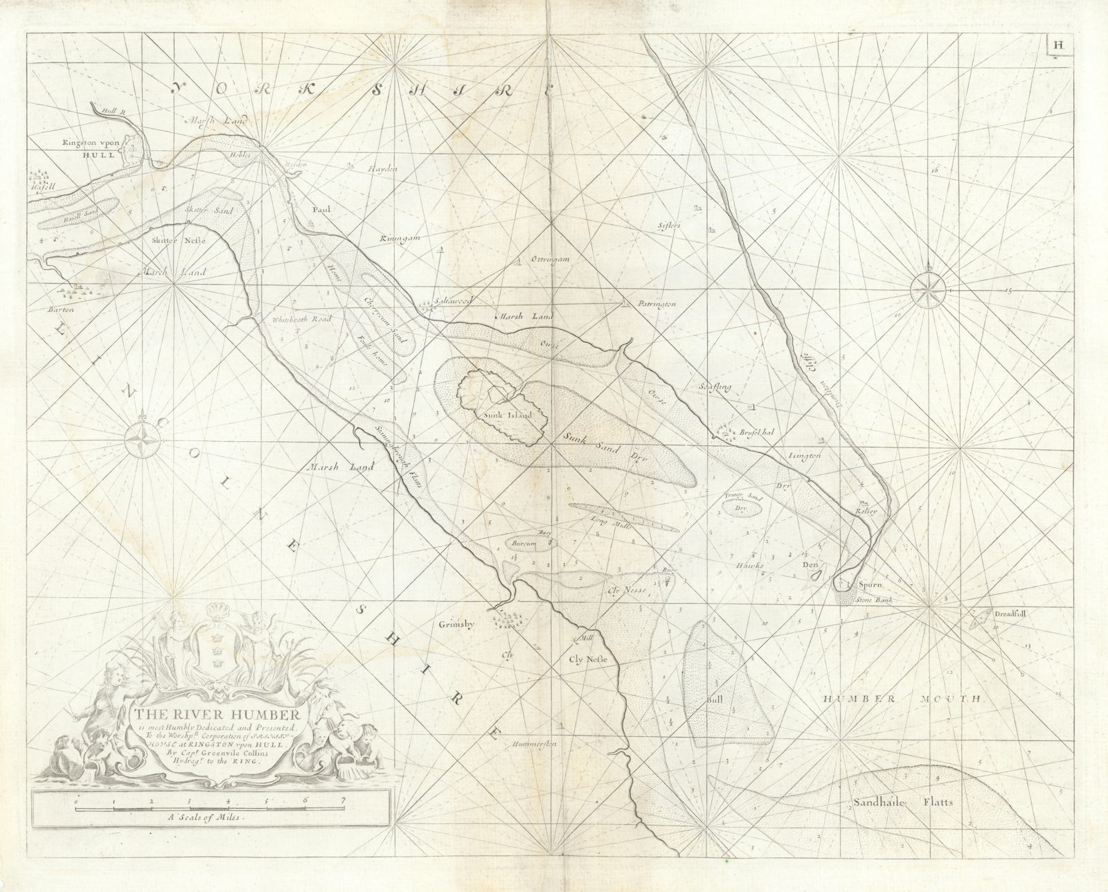 The River Humber estuary sea chart. Hull, Grimsby & Barton. COLLINS c1723 map