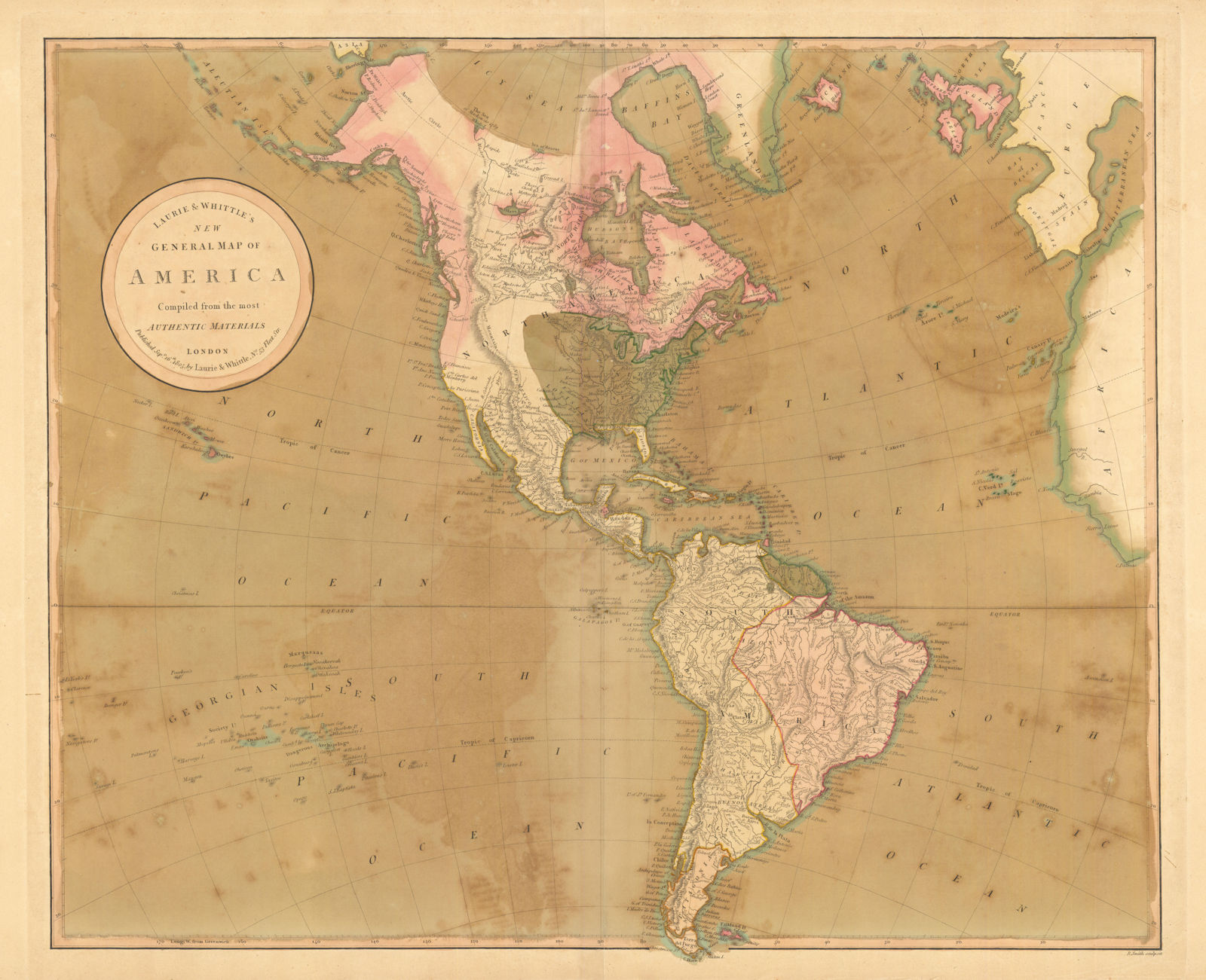 Laurie & Whittle's New General Map of America 1810 old antique plan chart