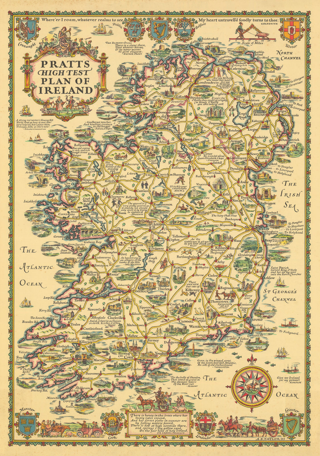 Associate Product Pratts High Test plan of Ireland. Pictorial map. AE TAYLOR 1933 old