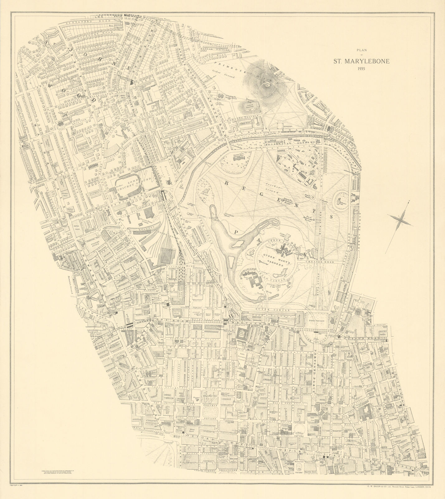 Plan of St Marylebone Borough/Parish. Regents Park St John's Wood BACON 1935 map