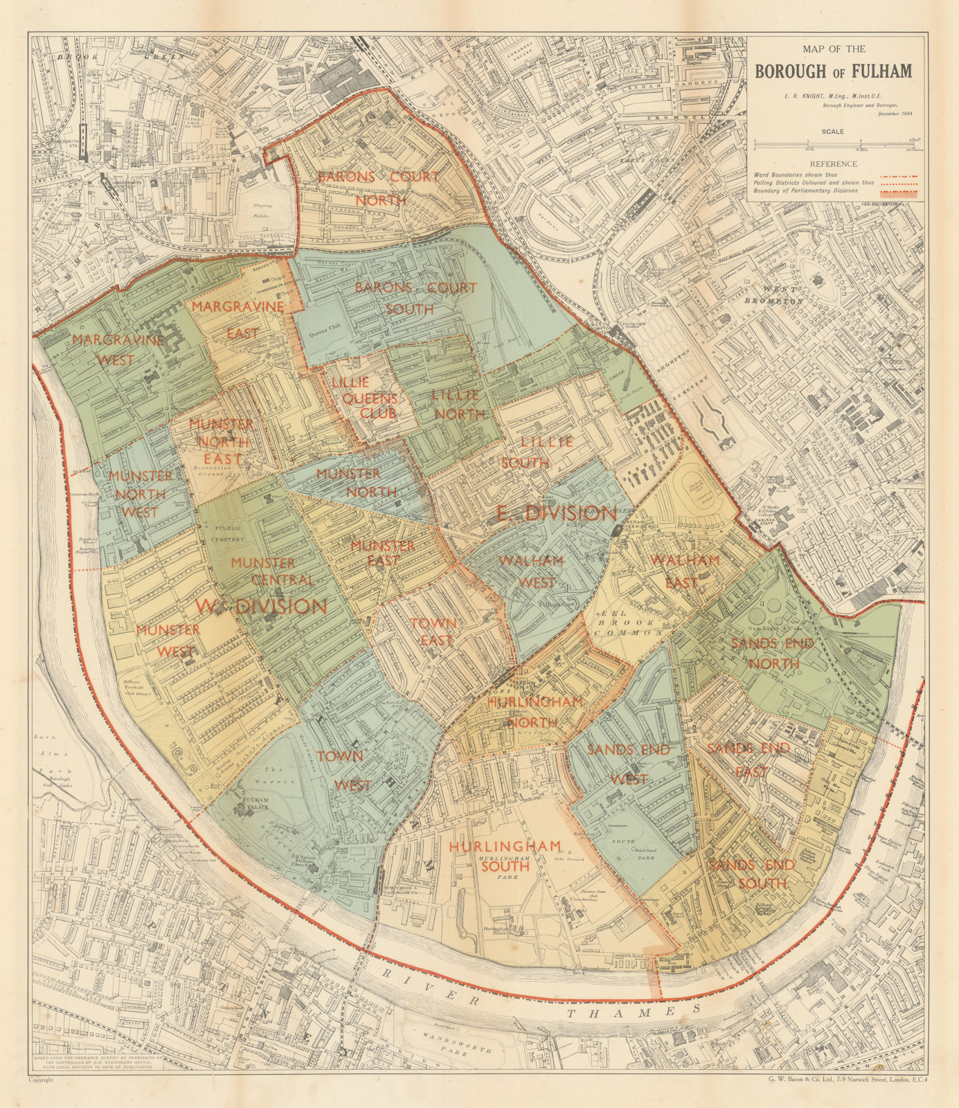 Map of the Borough of Fulham with Wards & Polling Districts. KNIGHT/BACON 1944