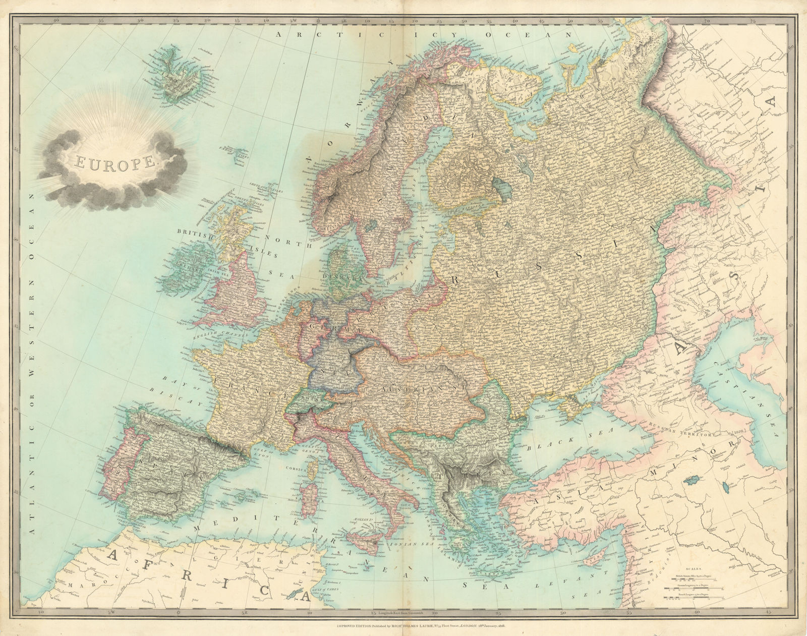 Europe by Richard Holmes Laurie. Hand coloured antique map 65x81cm 1828