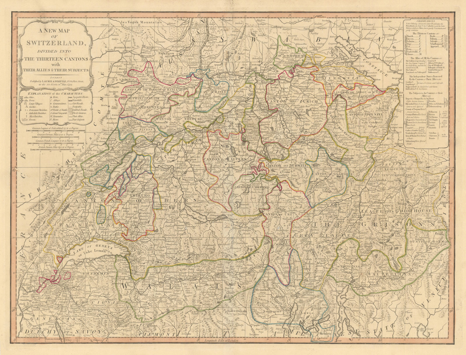 A New Map of Switzerland divided into 13 cantons. Vineyards. LAURIE/WHITTLE 1794