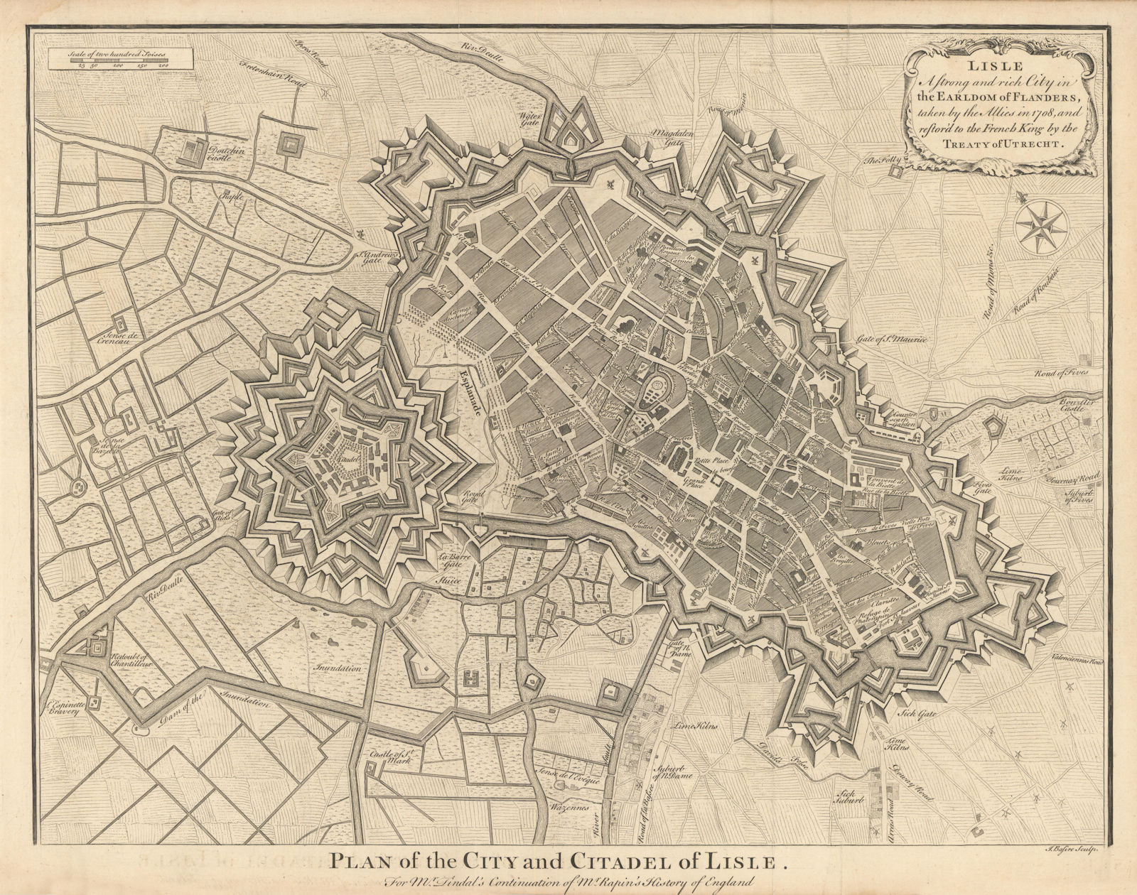 Plan of the City & Citadel of Lisle a strong & rich city… Lille BASIRE c1759 map