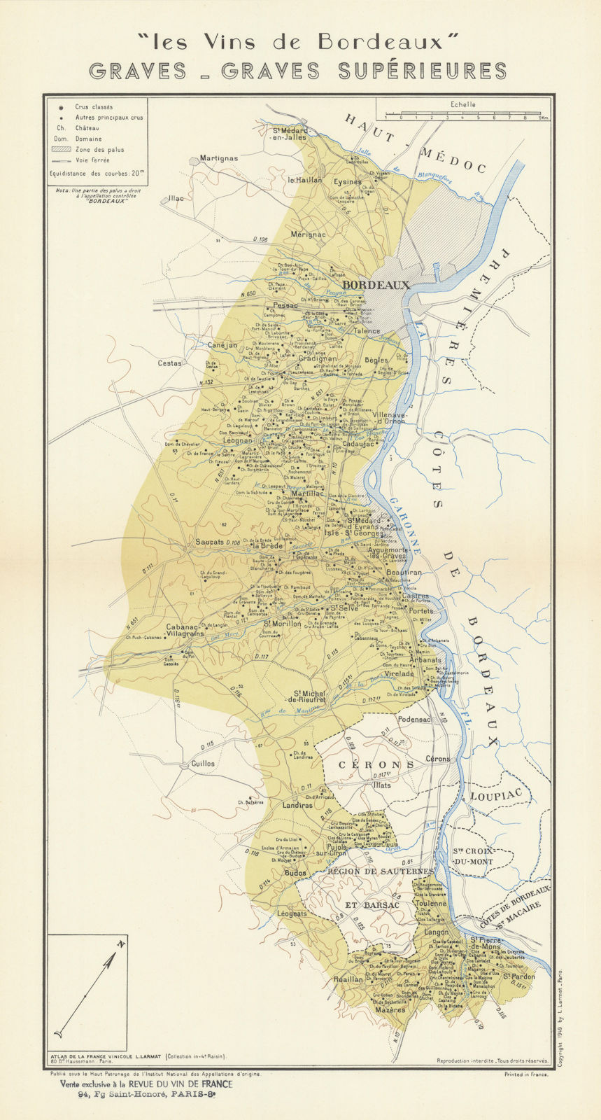 BORDEAUX WINE. Vins de Bordeaux - Graves - Graves Supérieurs. Larmat 1949 map