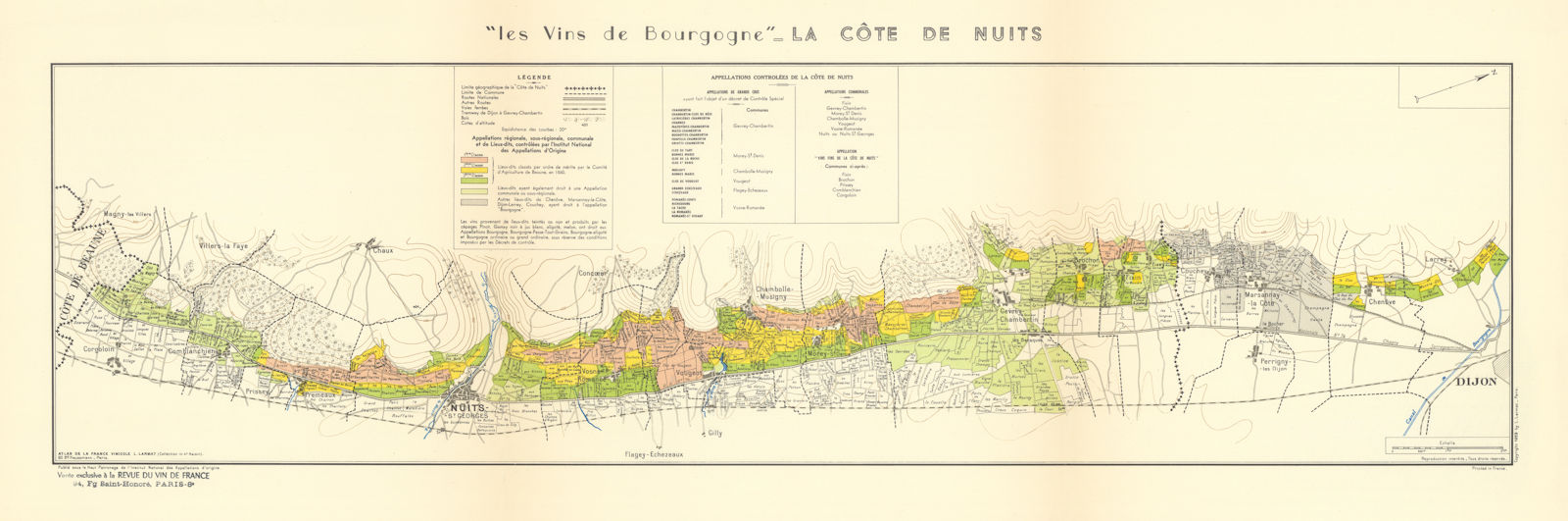 BURGUNDY BOURGOGNE WINE MAP La Côte de Nuits. Vineyards vignobles. LARMAT 1953