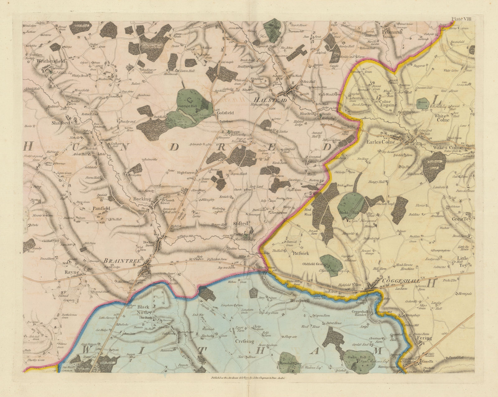 Essex N #8 Braintree Halstead Coggeshall Bocking. Chapman/André 1777 old map