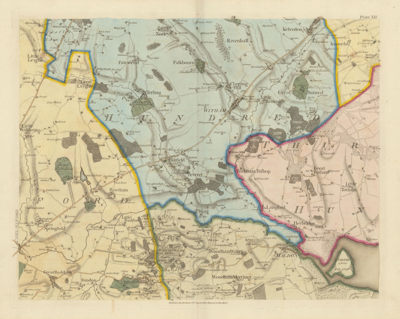 Essex E #13 Maldon Gt. Baddow Springfield Witham Tiptree. Chapman/André 1777 map