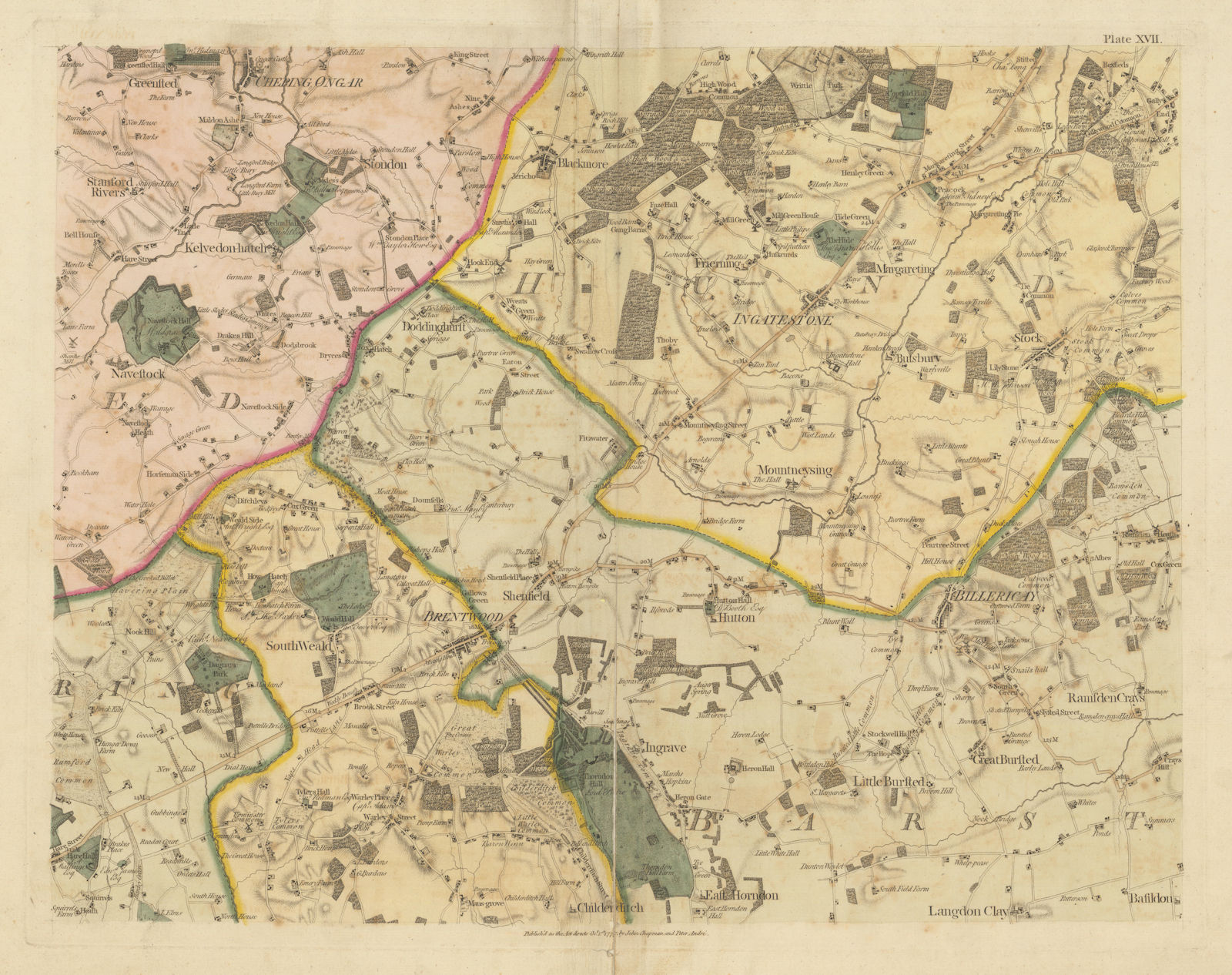 Essex SW #17 Basildon Brentwood Chipping Ongar Billericay Chapman/André 1777 map