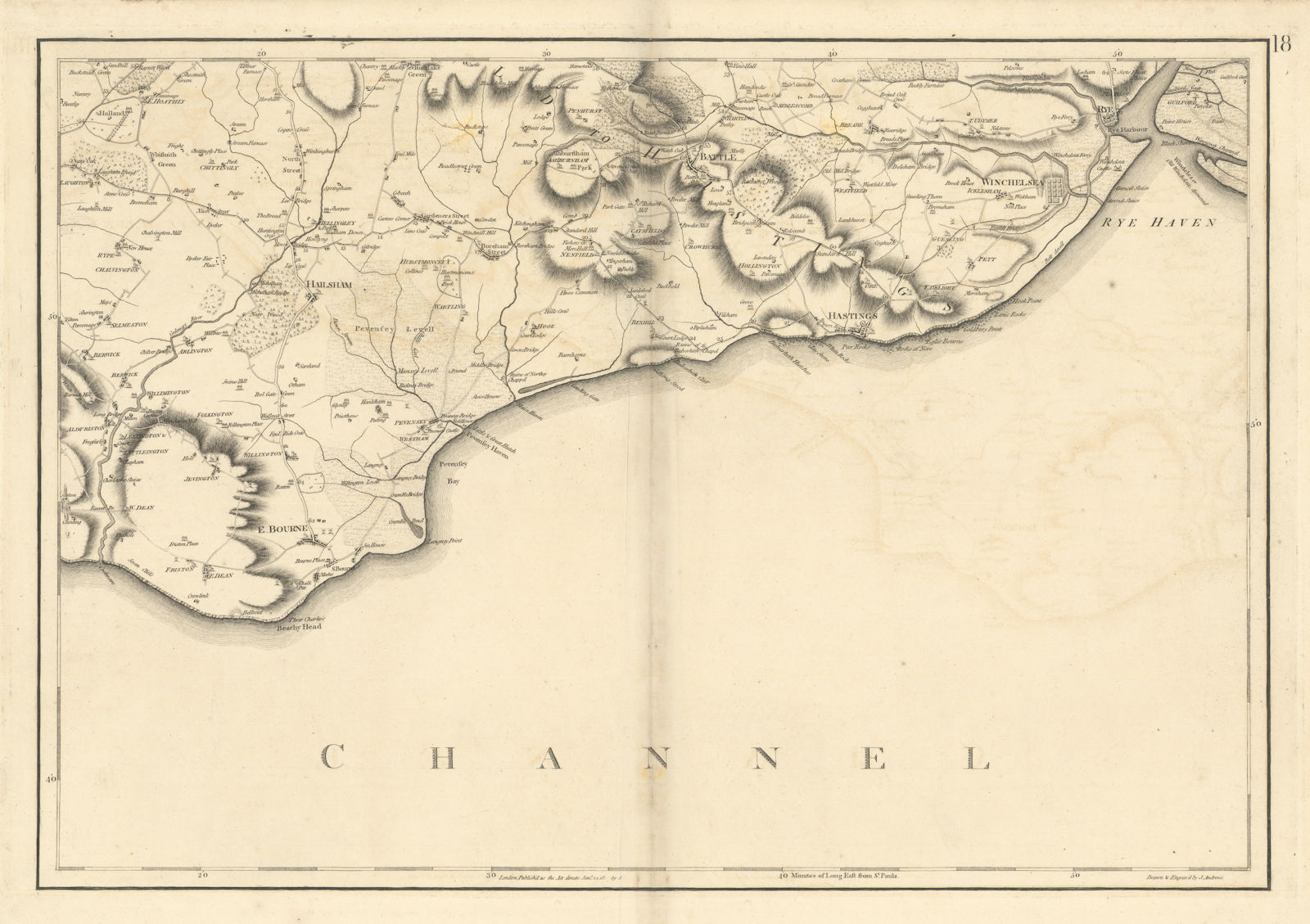 High Weald & South Downs. Sussex Hastings Eastbourne #18 Andrews/Dury 1818 map