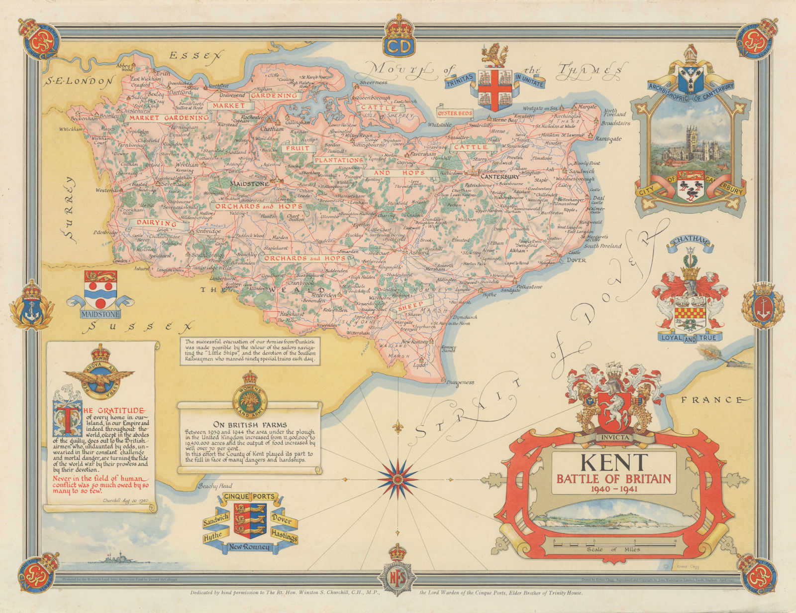 Kent. Battle of Britain 1940-1941 map for the Women's Land Army by Clegg 1945