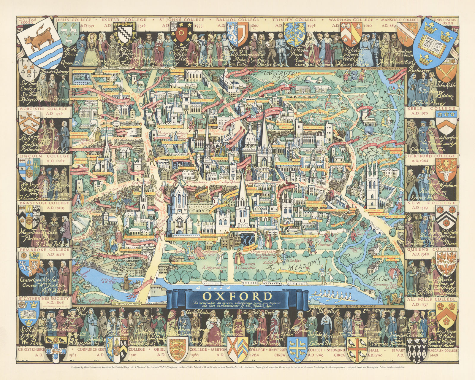Oxford "So venerable, so serene…" Pictorial map by Kerry Lee c1960 old
