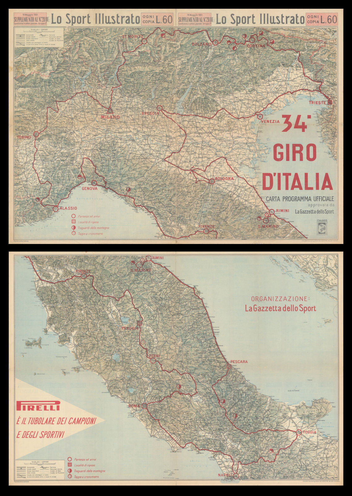 34° Giro d'Italia. Carta. La Gazzetta dello Sport. Cycling route map 1951