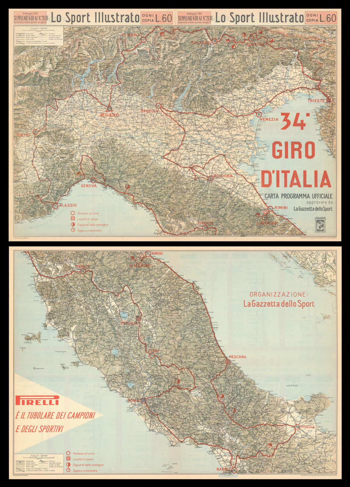 34° Giro d'Italia. Carta. La Gazzetta dello Sport. Cycling route map 1951