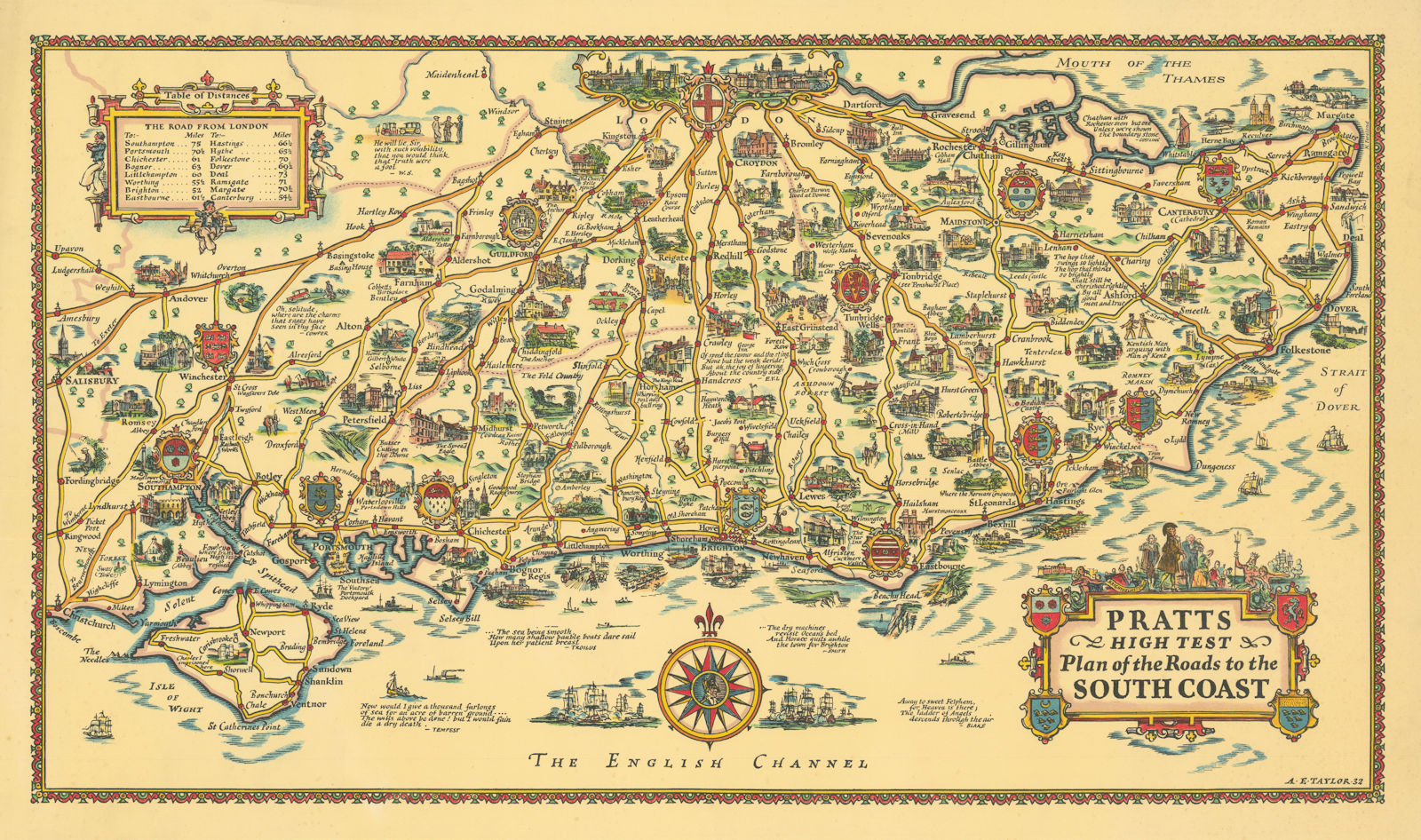 Pratts High Test plan of the Roads to the South Coast by Alfred Taylor 1932 map