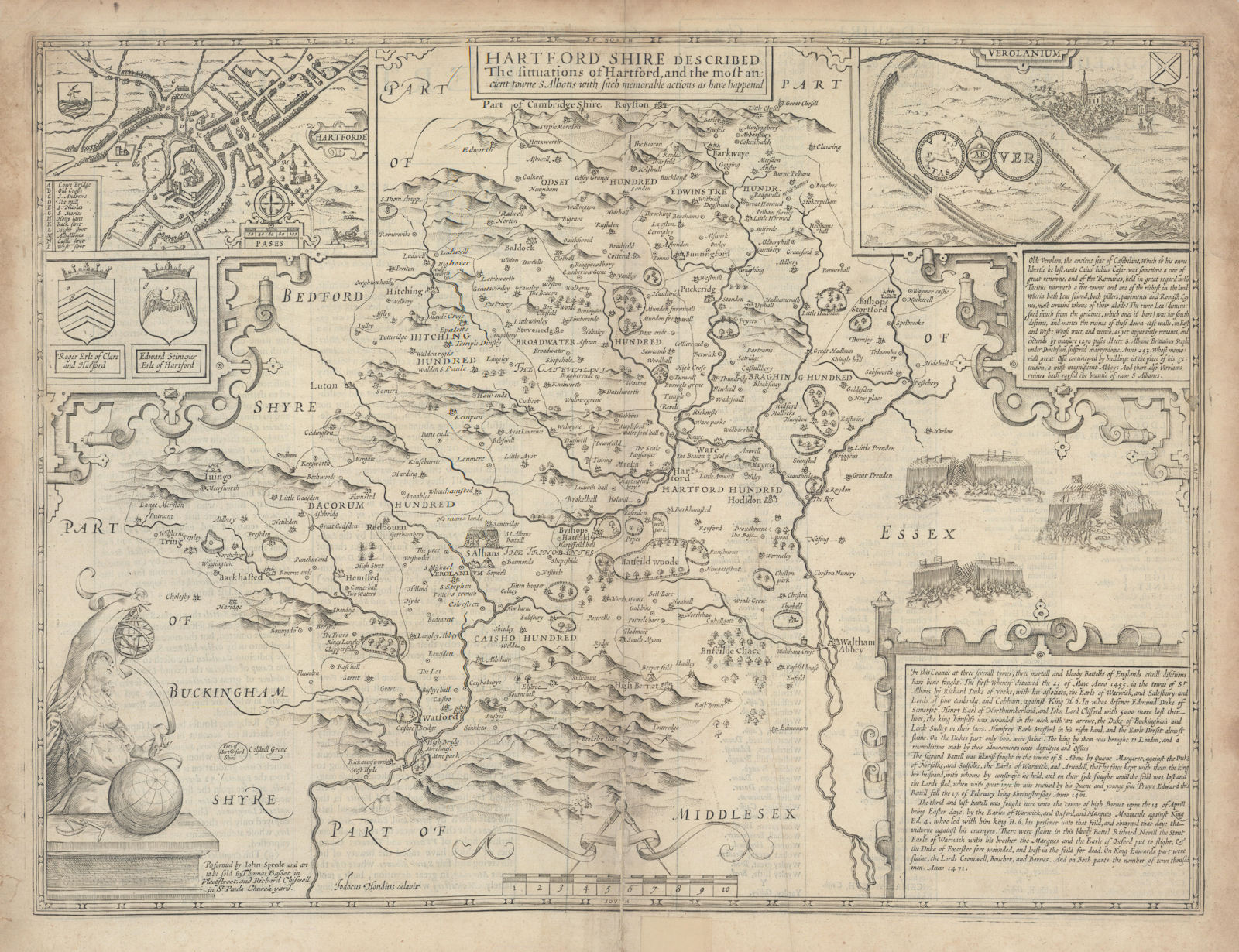 Hartford Shire. Hertfordshire map by John Speed. Bassett & Chiswell edition 1676