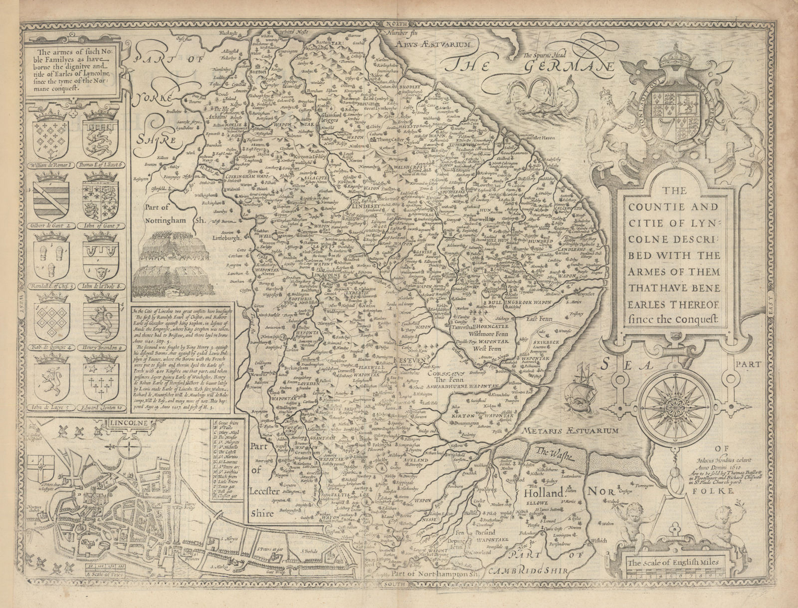 Countie… of Lyncolne. John Speed Lincolnshire map. Bassett/Chiswell edition 1676