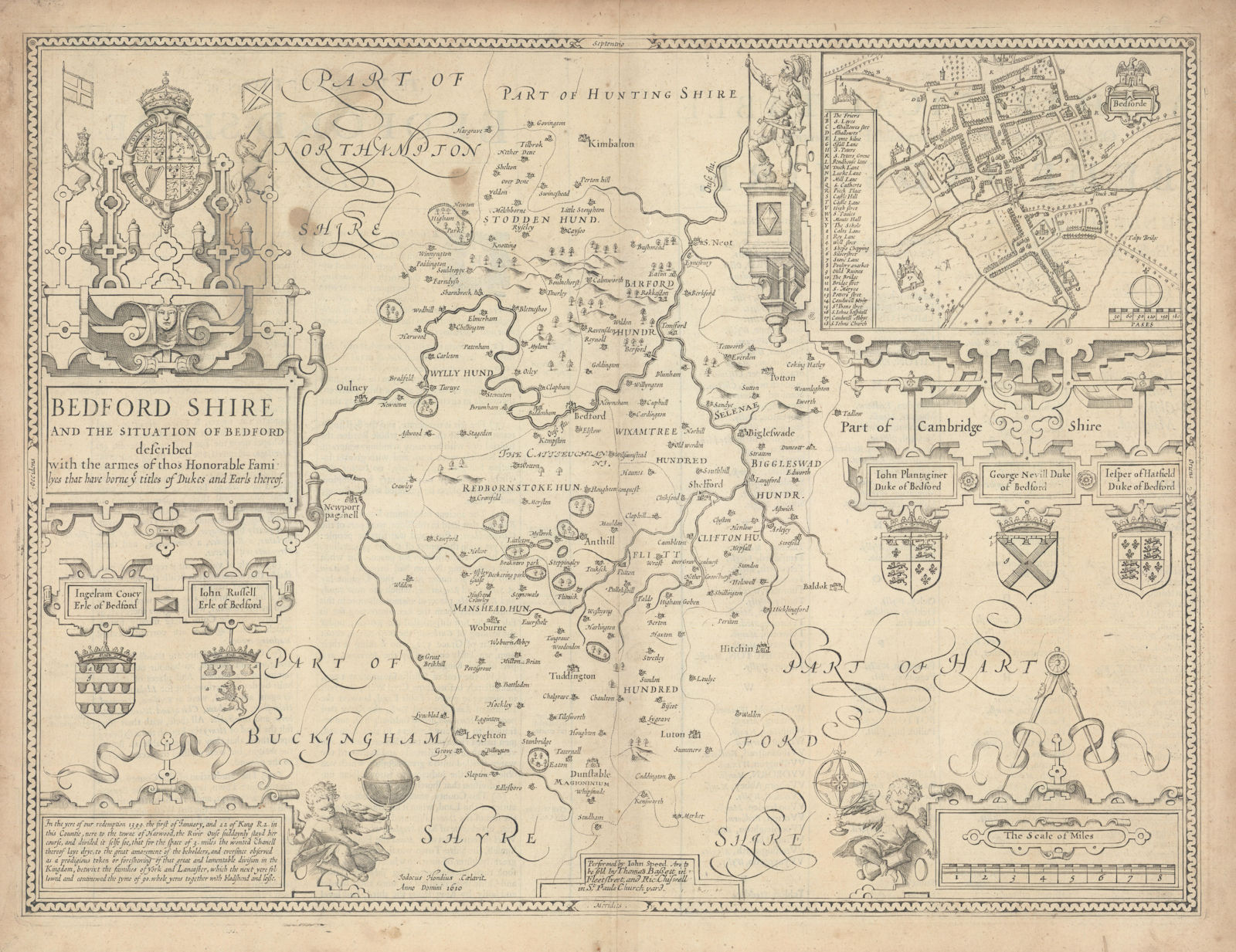 Bedford Shire. Bedfordshire map by John Speed. Bassett & Chiswell edition 1676