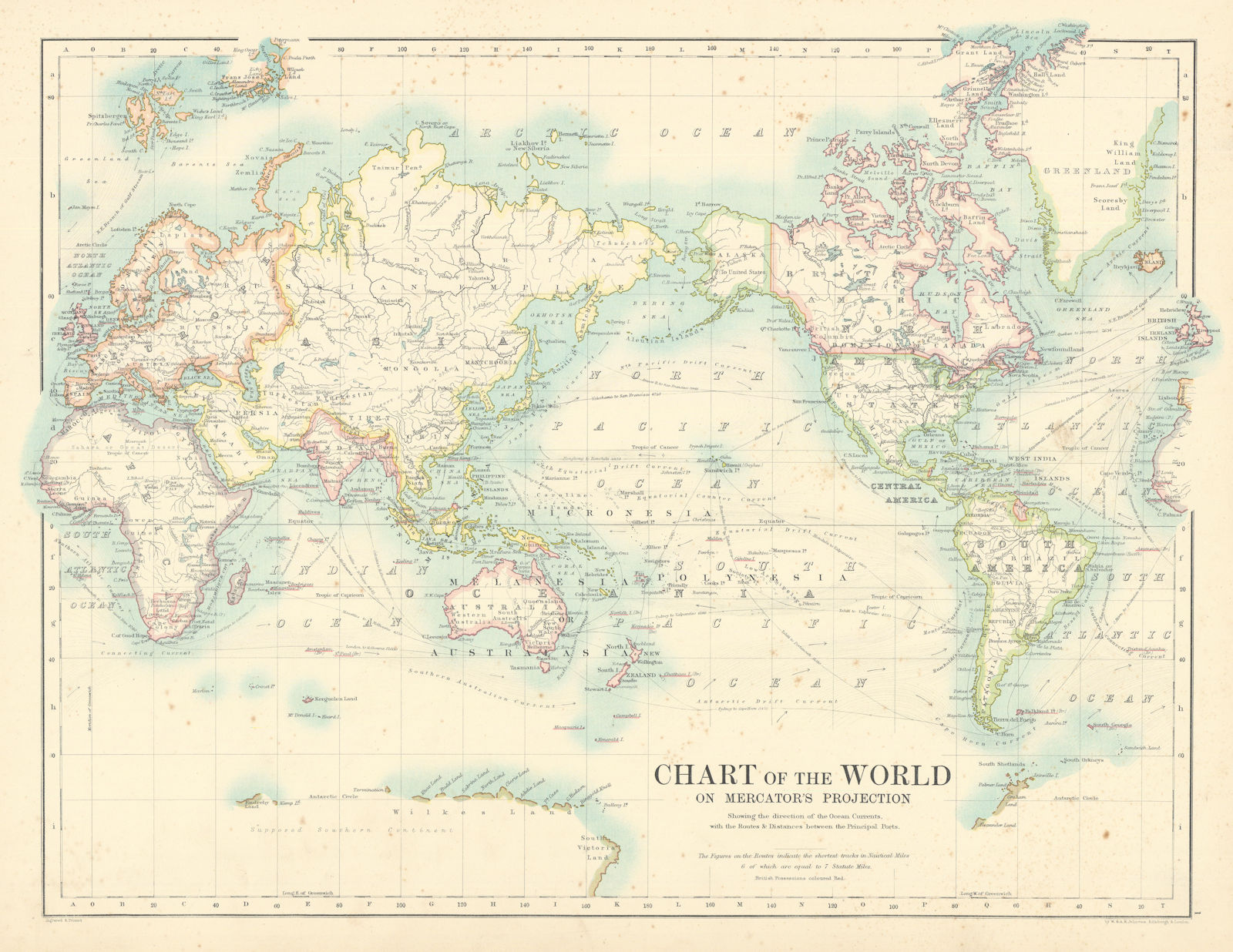 Chart of the World on Mercator's Projection by W. & A.K. Johnston 1887 old map