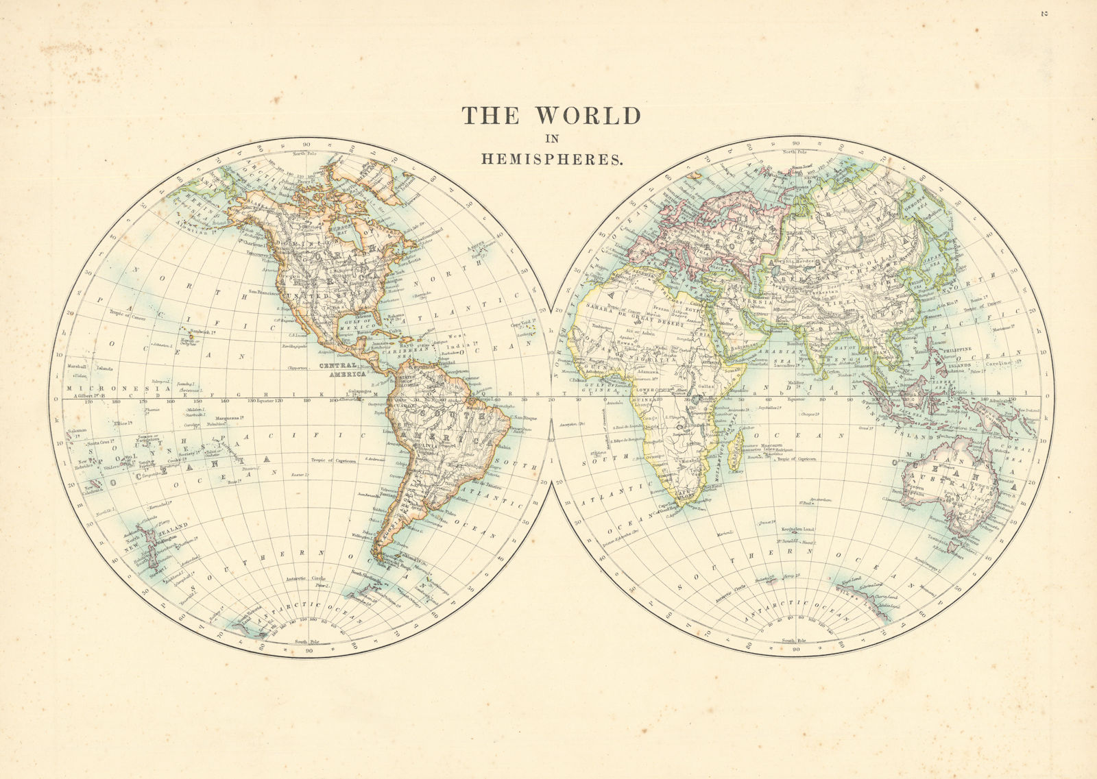 The World in Hemispheres by W. & A.K. Johnston 1887 old antique map plan chart