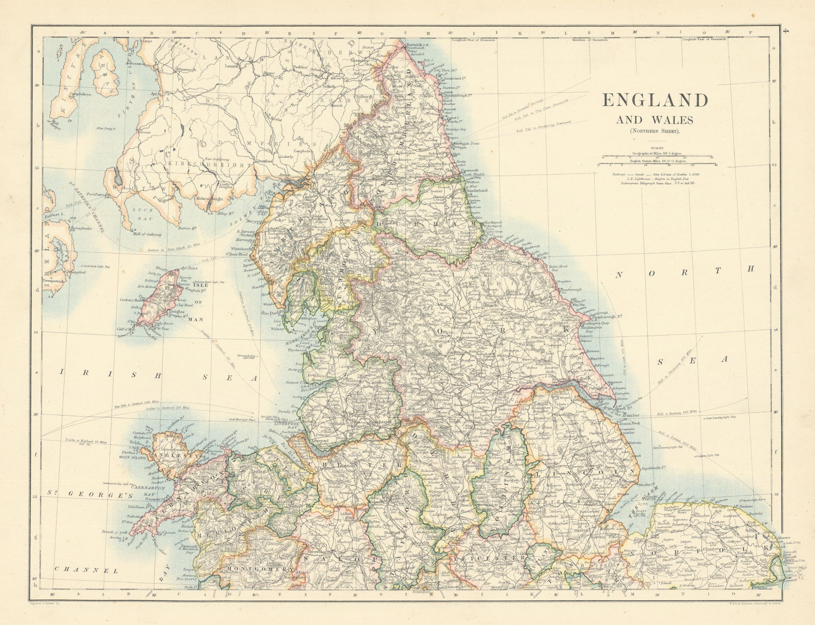 England and Wales (Northern Sheet) by W. & A.K. Johnston 1887 old antique map