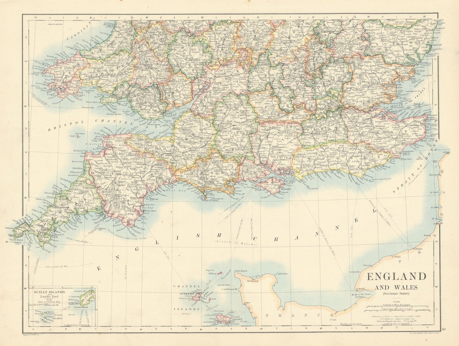 England and Wales (Southern Sheet) by W. & A.K. Johnston 1887 old antique map