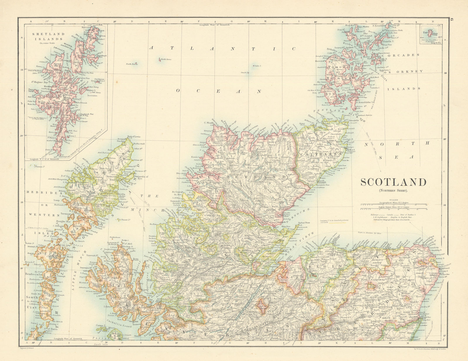 Scotland (Northern Sheet) by W. & A.K. Johnston 1887 old antique map chart