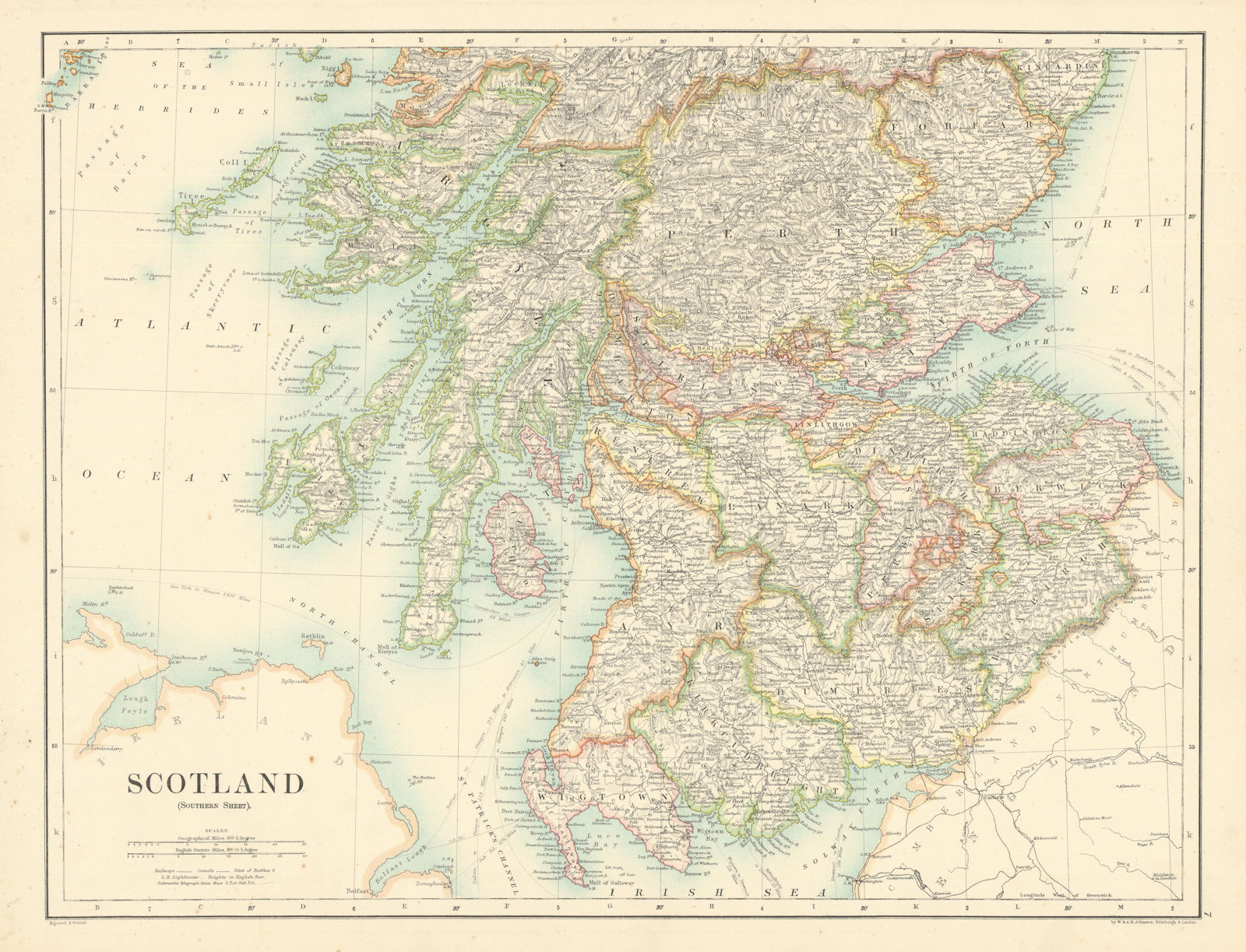 Scotland (Southern Sheet) by W. & A.K. Johnston 1887 old antique map chart