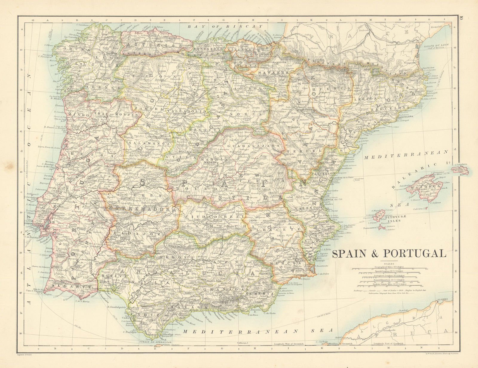 Spain and Portugal by W. & A.K. Johnston 1887 old antique map plan chart