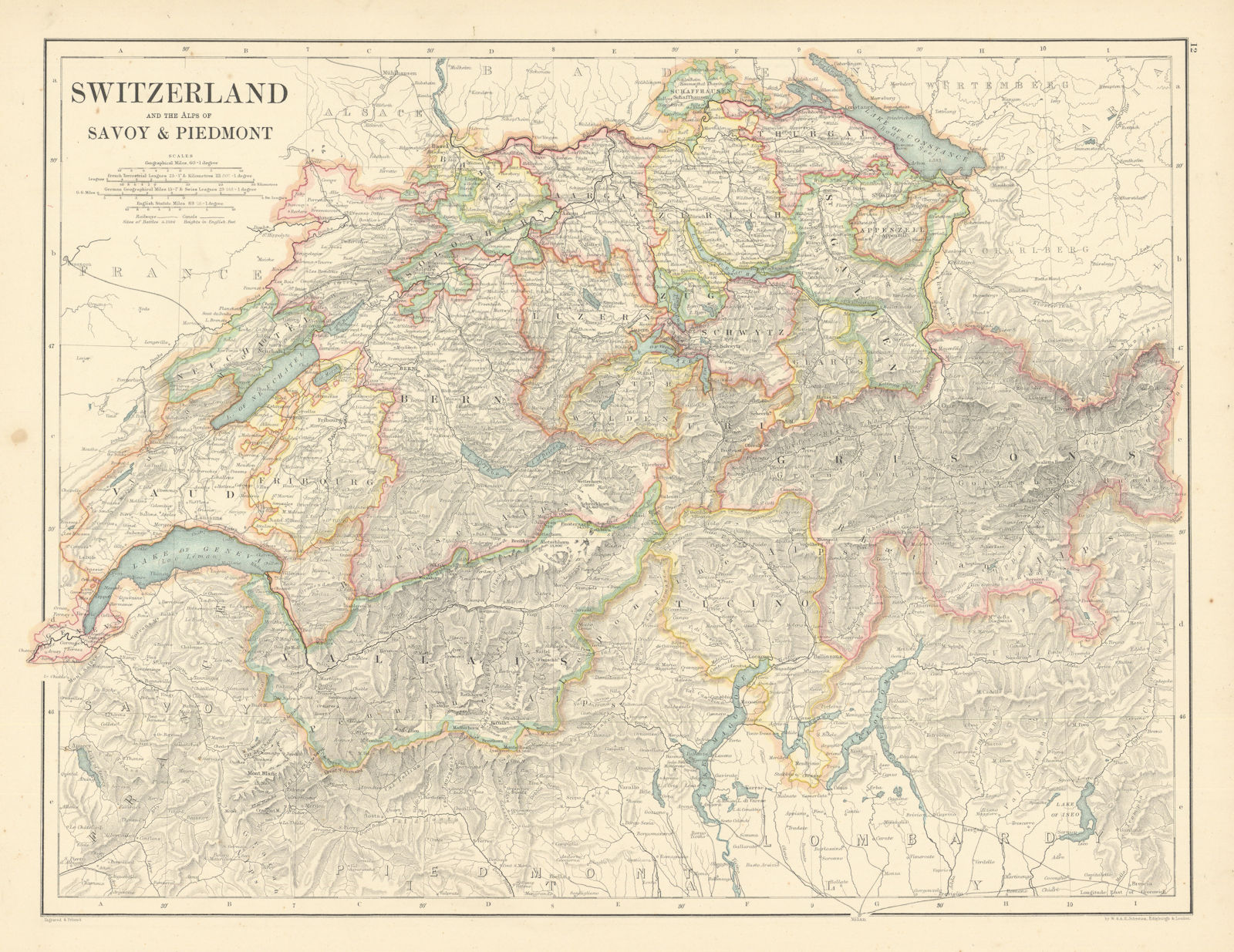 Switzerland and the Alps of Savoy and Piedmont by W. & A.K. Johnston 1887 map