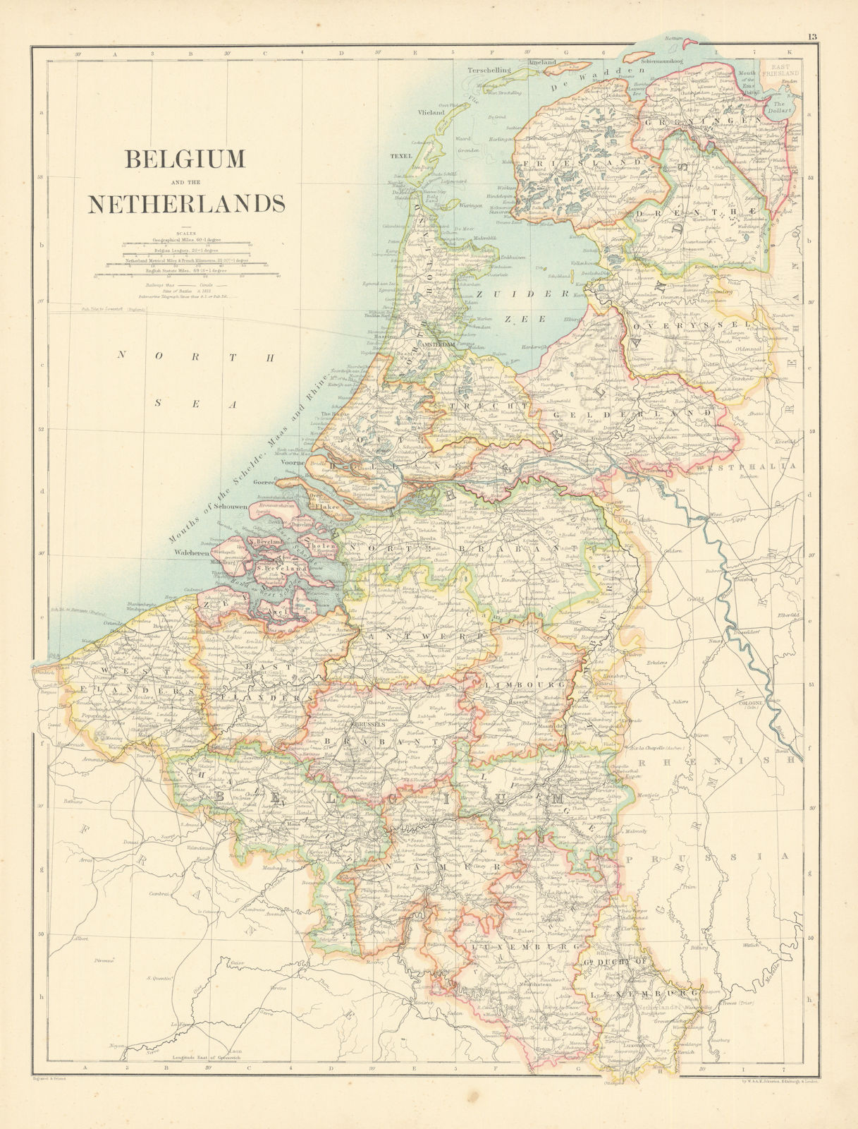 Belgium and the Netherlands by W. & A.K. Johnston 1887 old antique map chart