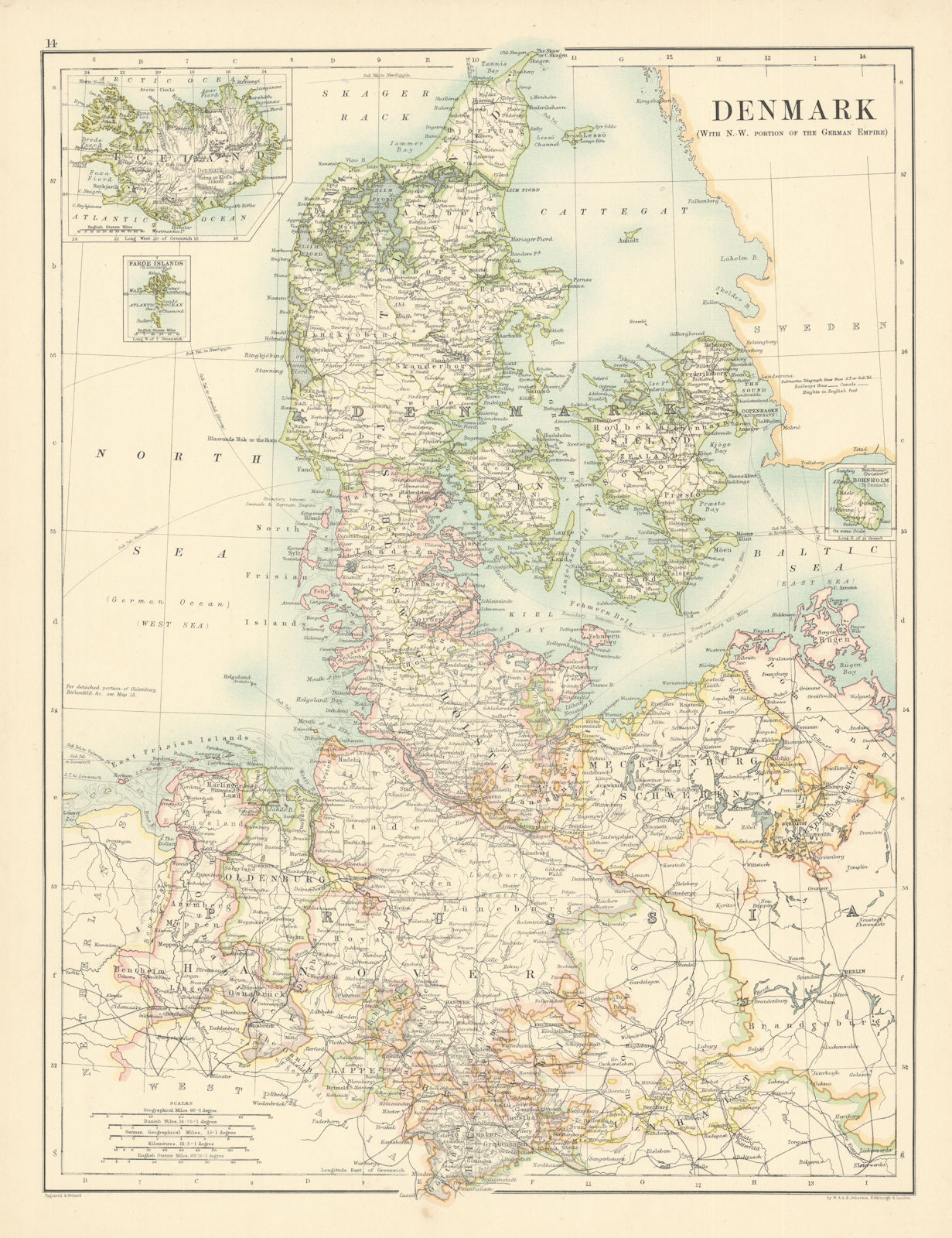 Denmark (with N.W. portion of the German Empire) by W. & A.K. Johnston 1887 map